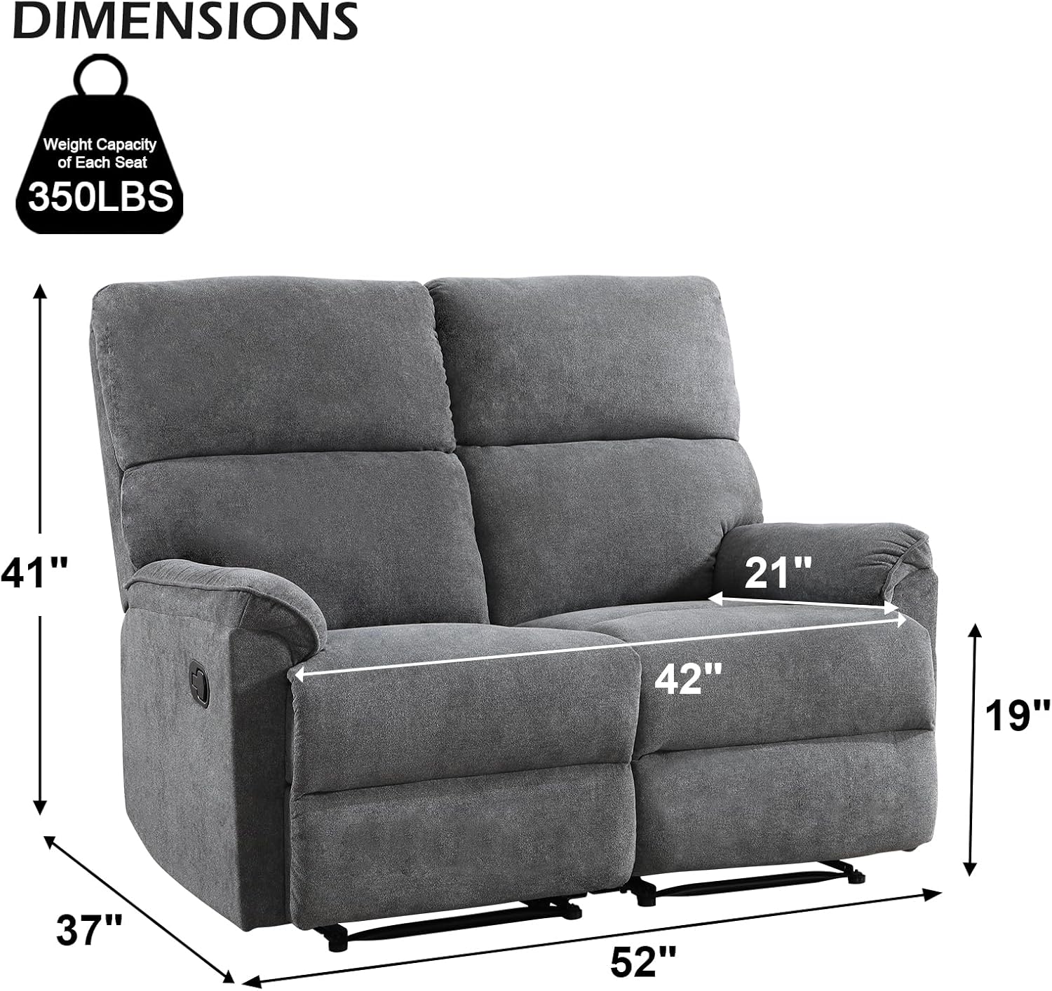 EBELLO Fabric Manual Reclining Sofa Couch, Recliner Loveseat Sofa with Sturdy Robust Metal Base, 2 Seats for Small Living Room, Bedroom and Meeting Room, Grey