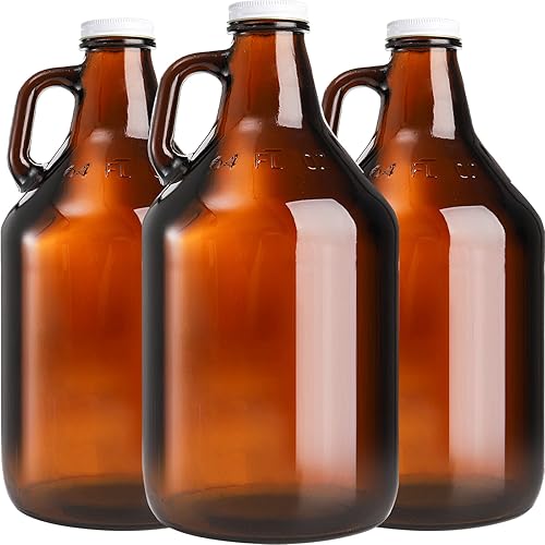 ZEAYEA Paquete de 3 jarras de vidrio de 64 onzas, jarra ámbar de medio galón con tapas y asa, ideal para cerveza, cerveza casera, kombucha, agua
