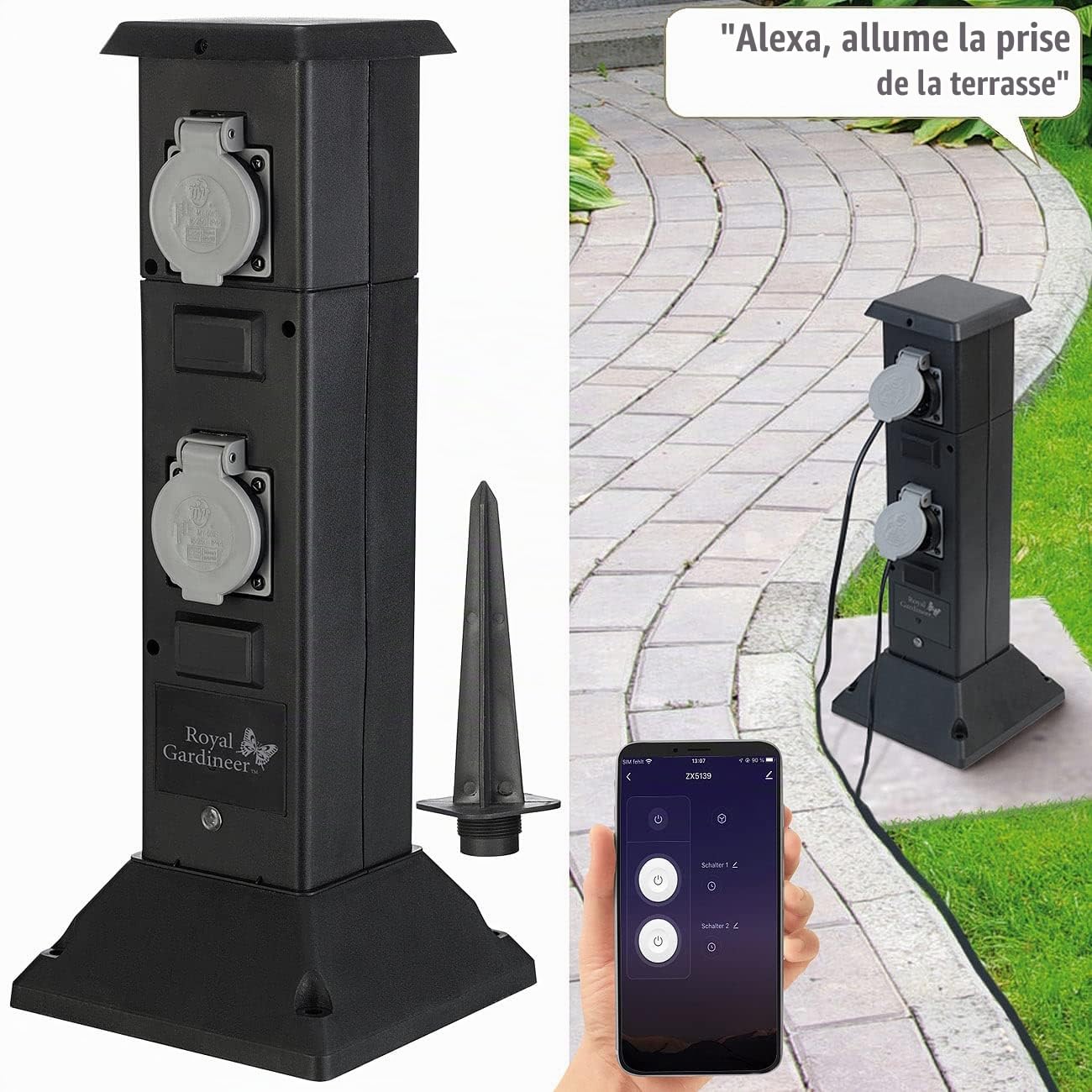 Multiprise colonne de jardin connectée et intelligente avec 4 prises et commandes vocales [Royal Gardineer]