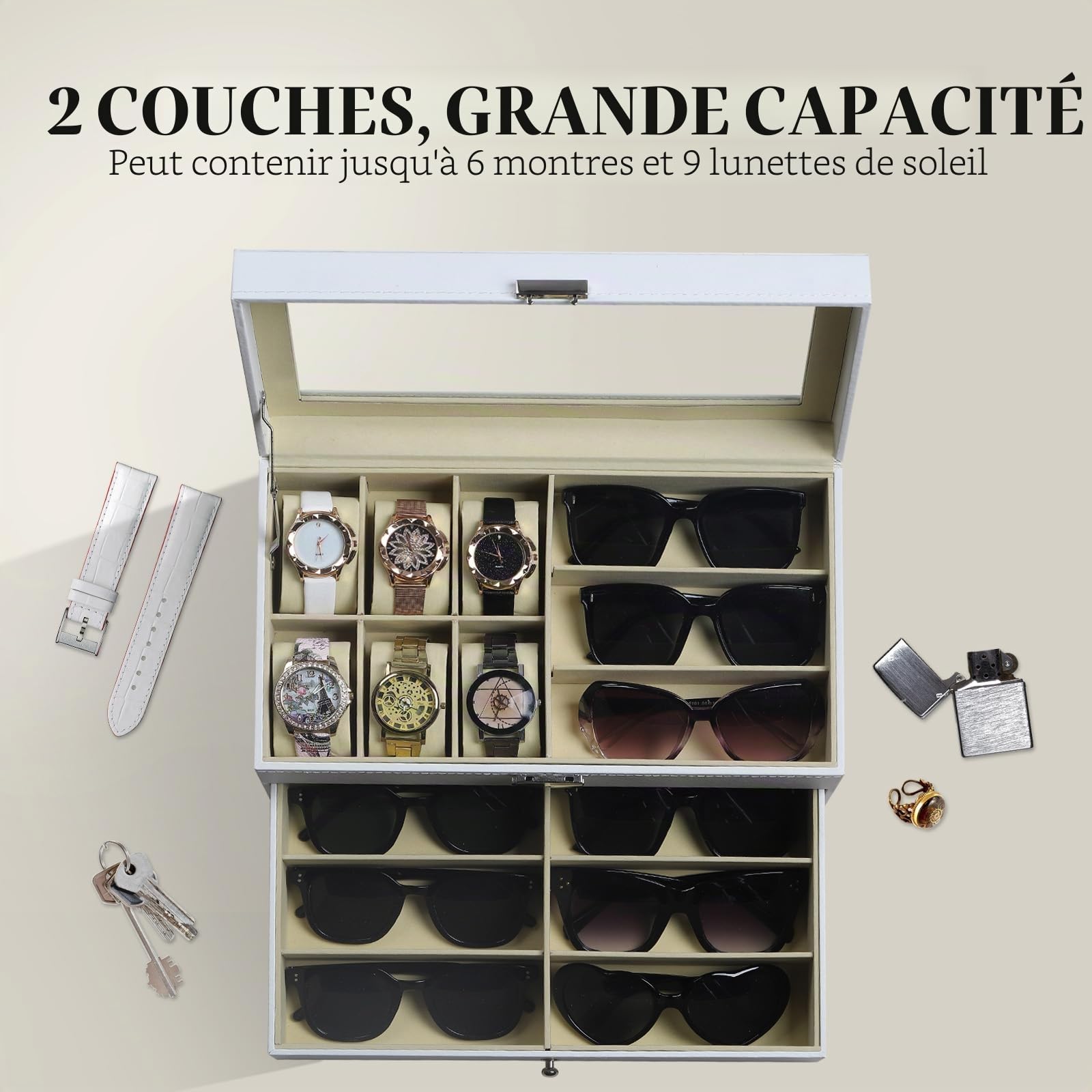 AUTOARK Boîte à bijoux en cuir pour 6 montres et 9 pièces de rangement pour lunettes de soleil avec tiroir verrouillable,Blanc,AW-131