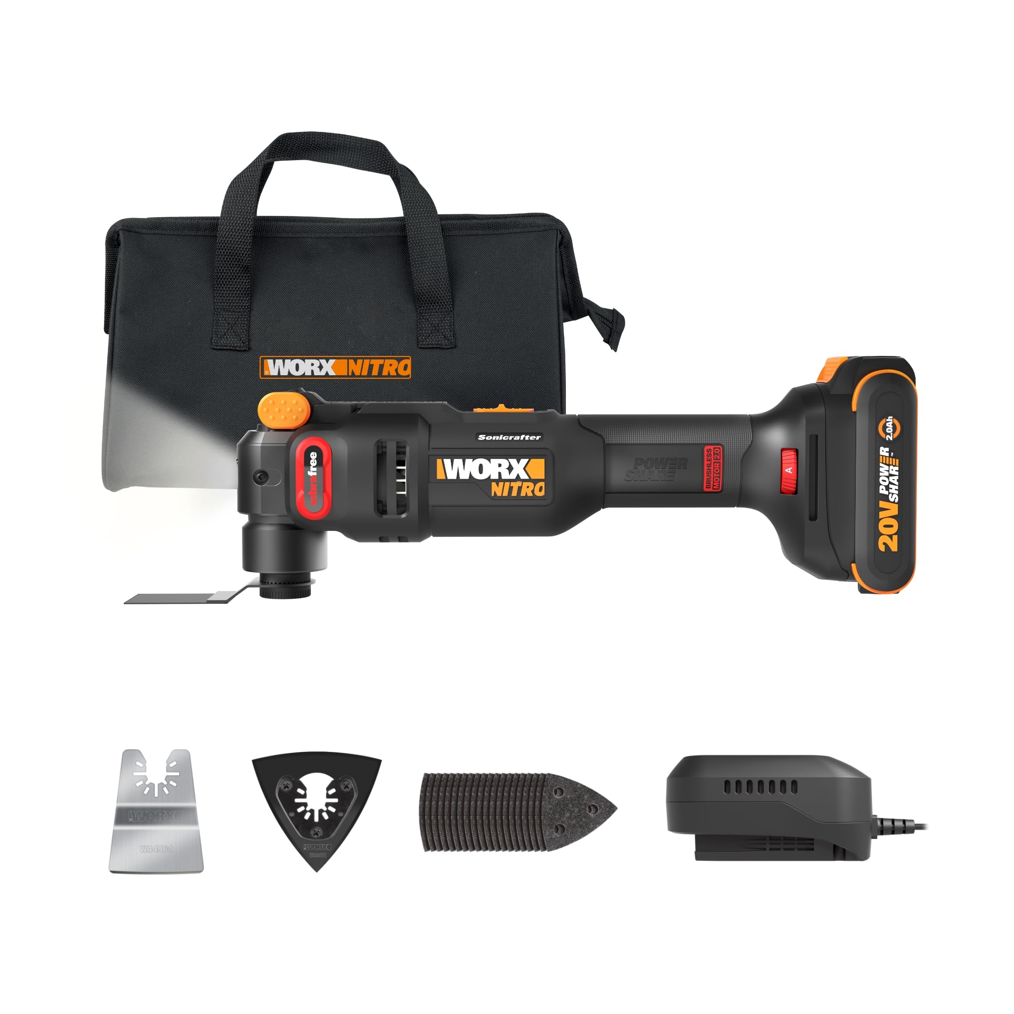 Worx Nitro 20V Cordless Oscillating Multi Tool with 5° Oscillation Angle, VibraFree Technology, Slim-body Design, 2.0 Ah Battery and Charger Included,