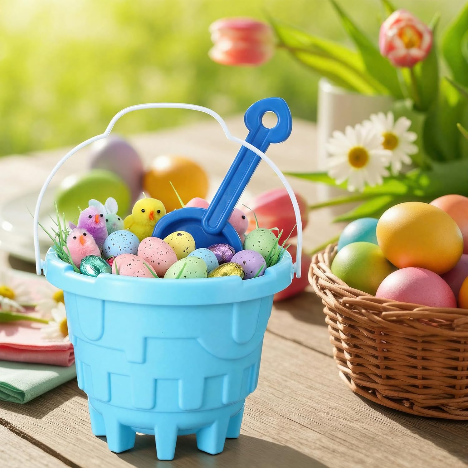 Gemscream 50 Pcs Easter Buckets for Egg Hunt Bulk Plastic Sand Pail and Shovel Gift with Bows Bags Cards Easter Basket Stuff Egg Hunt Gift for Classrooms, Church Events, or Large Family Gatherings