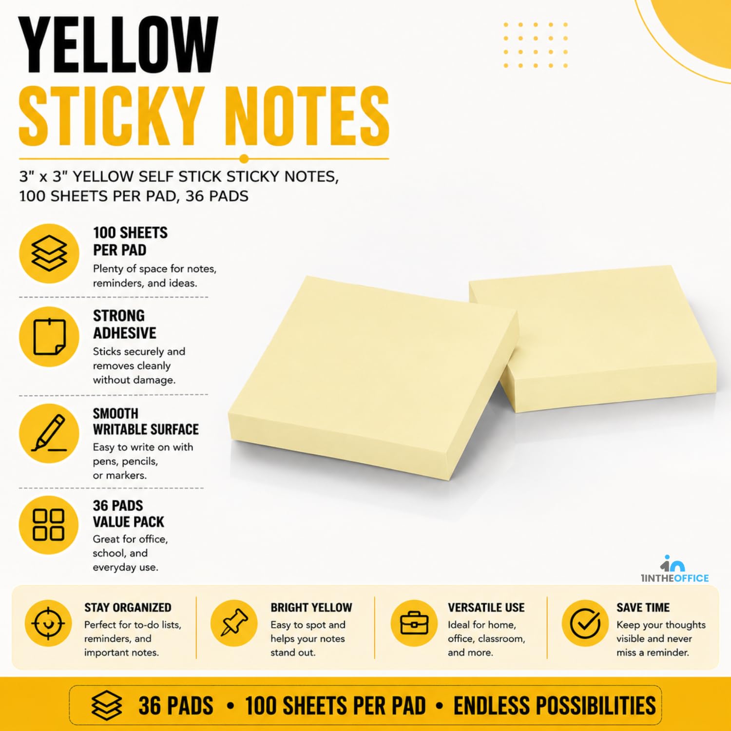 1InTheOffice Lot de 100 feuilles de notes autocollantes Jaune 7,6 x 7,6 cm 36 Pack