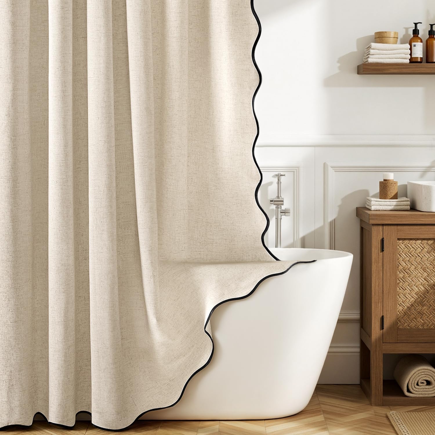 MIULEE 96" Long Scalloped Linen Shower Curtain with 12 Metal Hooks Cute Extra Long Boho Heavy Duty Washable Waterproof Cloth Shower Curtains with Black Border for Bathroom Hotel Bathtub,Beige