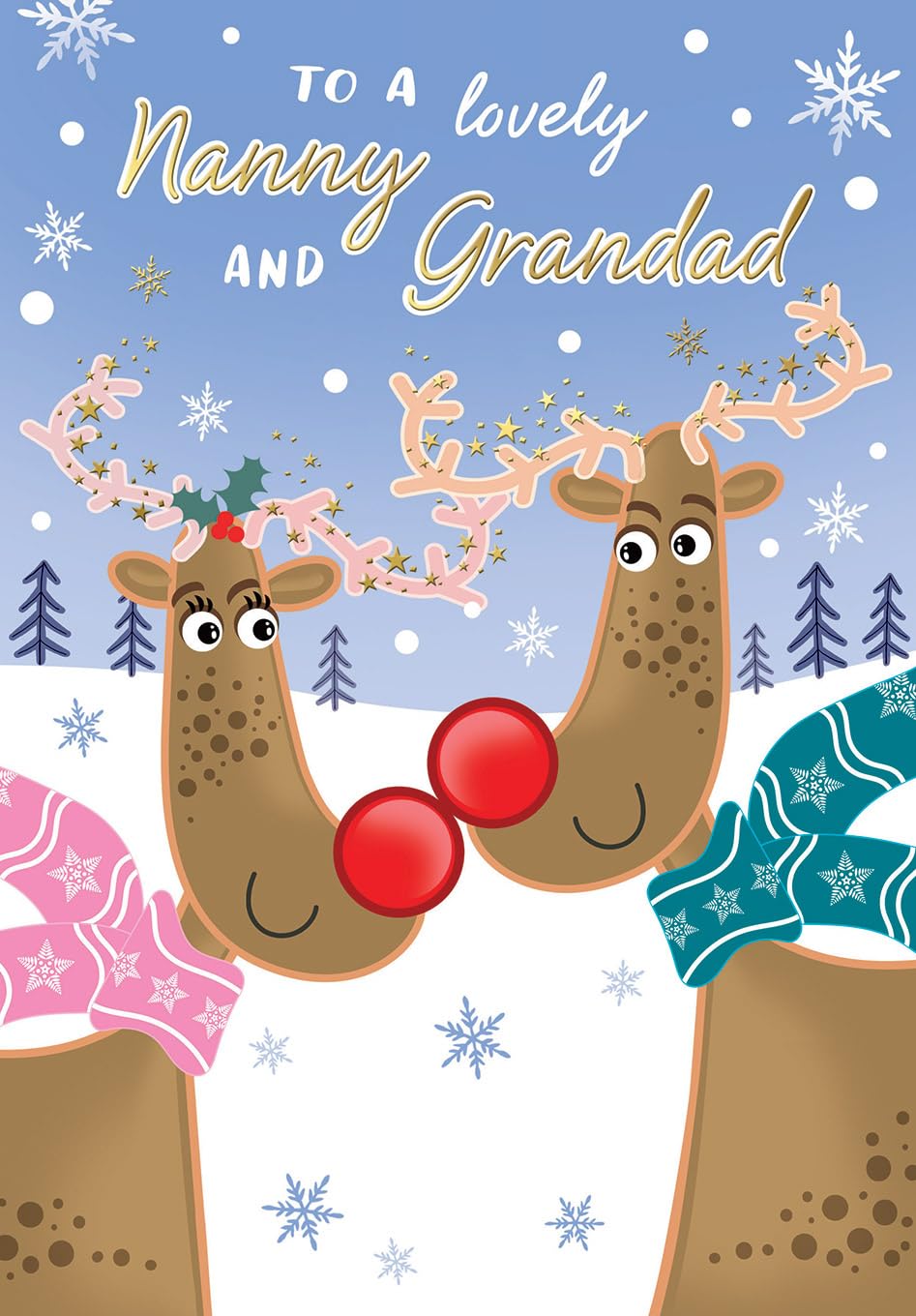 Piccadilly Greetings Christmas Card To a Lovely Nanny & Grandad Fun deer - 9 x 6 inches