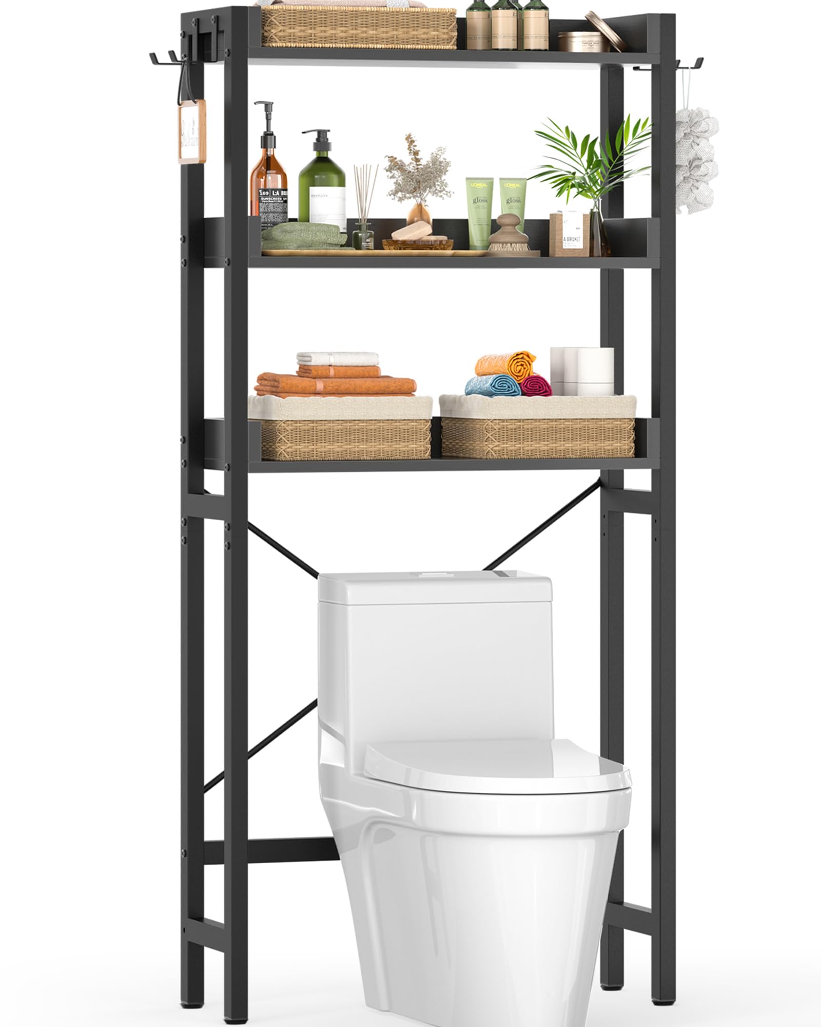 Ecoprsio Estante de almacenamiento sobre el inodoro, organizador de baño de 3 niveles sobre el inodoro, soportes de inodoro independientes para ahorrar espacio con 4 ganchos, color negro