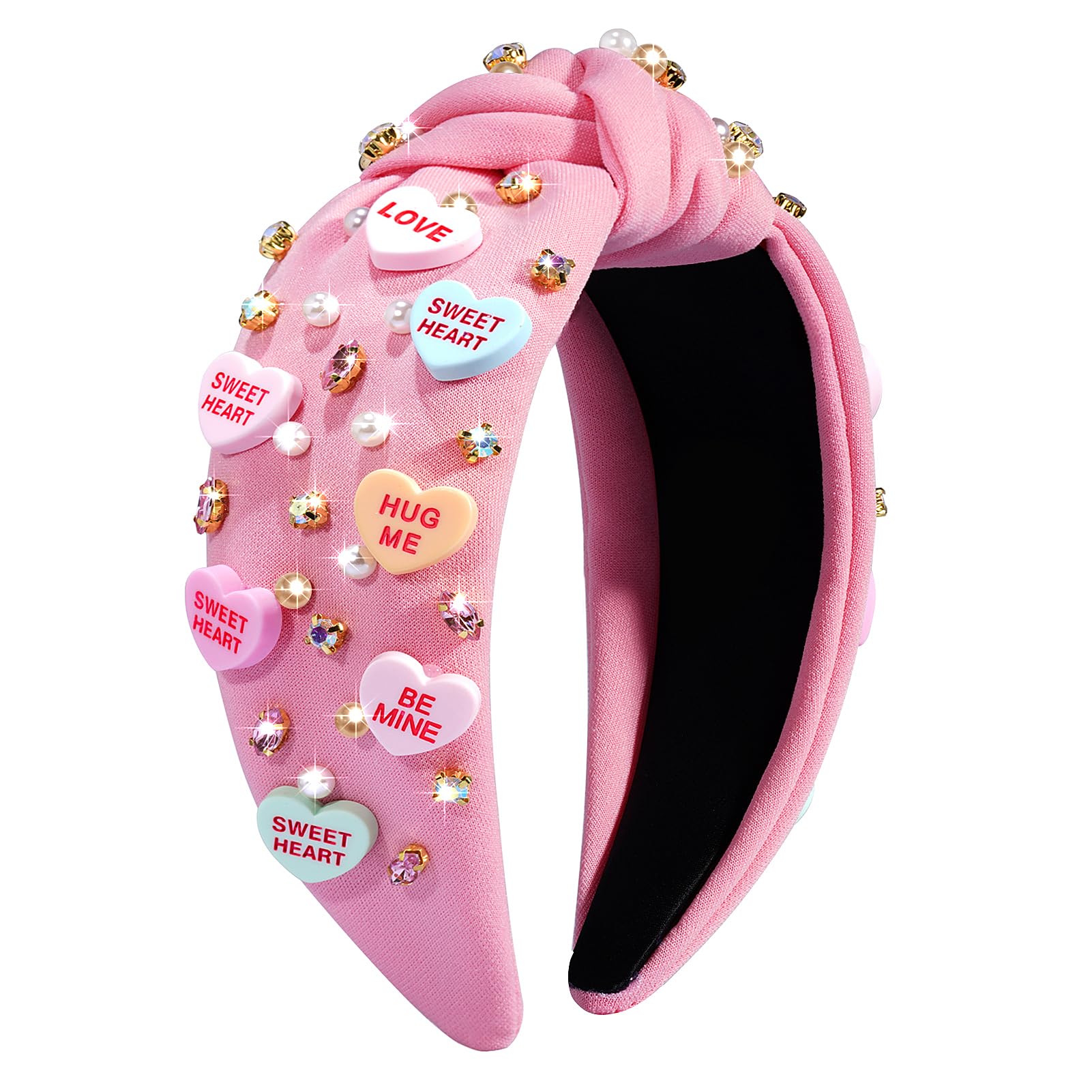 AENMTU Valentine’s Day Headband for Women Girls Top Knot Jeweled Rhinestone Velvet Plush Hair Accessories Pink Red Heart Clothes Outfit