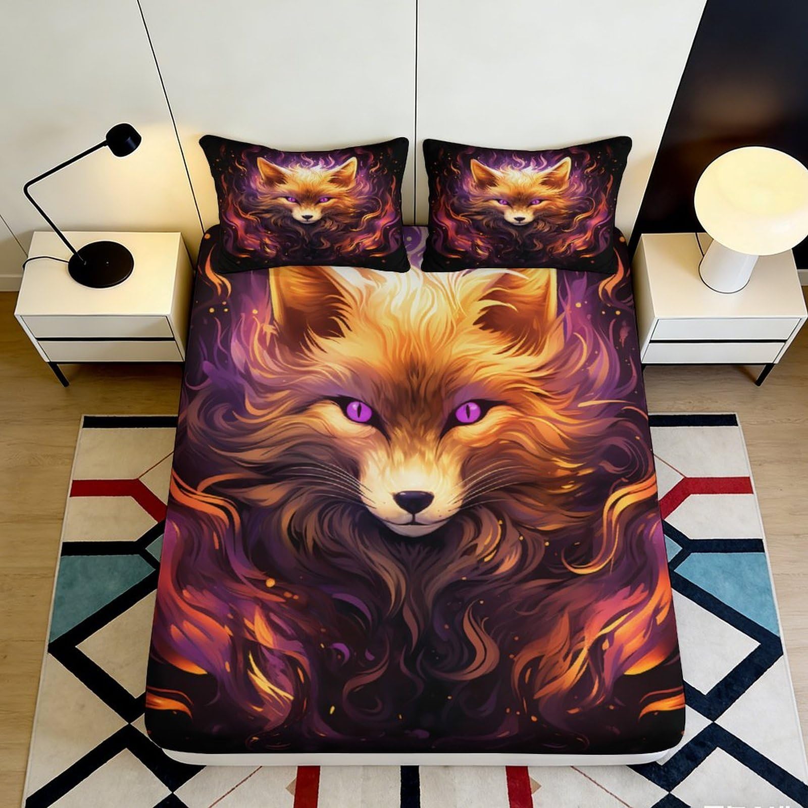 3D Printed Fiery Fox Fitted Sheet Microfiber Soft Purple Orange Wild Animal Bed Cover for Bedroom Dorm Mattress Protection Decor 90x200x25cm