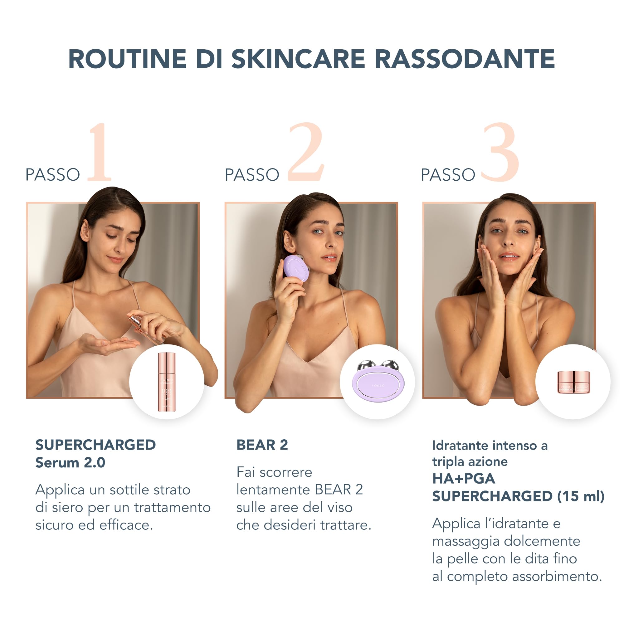 Set FOREO Total Facelift - Massaggiatore viso lifting con microcorrente FOREO BEAR 2 + Siero faccial SUPERCHARGED SERUM 2.0 (30 ml) + Crema viso idratante HA+PGA SUPERCHARGED (50 ml)