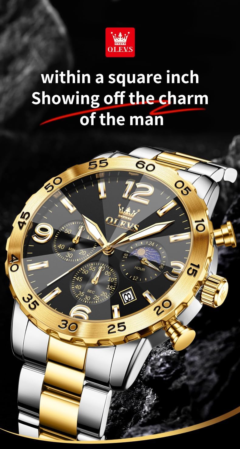 OLEVS Watch Men Luxury Big Wrist Face Analog Quartz Mens Watches Stainless Steel Waterproof Luminous Date Dress Chronograph Moon Phase Relojes para Hombres