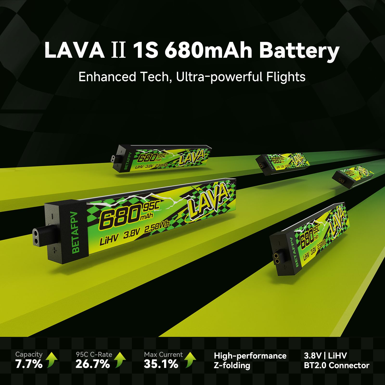 BETAFPV 4pcs Lava II 1S 680mAh Battery 3.8V 95C LiHV Lipo with BT2.0 Connector Compatible with Micro Whoop Drone Quadcopter Like Air75, Meteor75 Pro 1S Brushless Quad