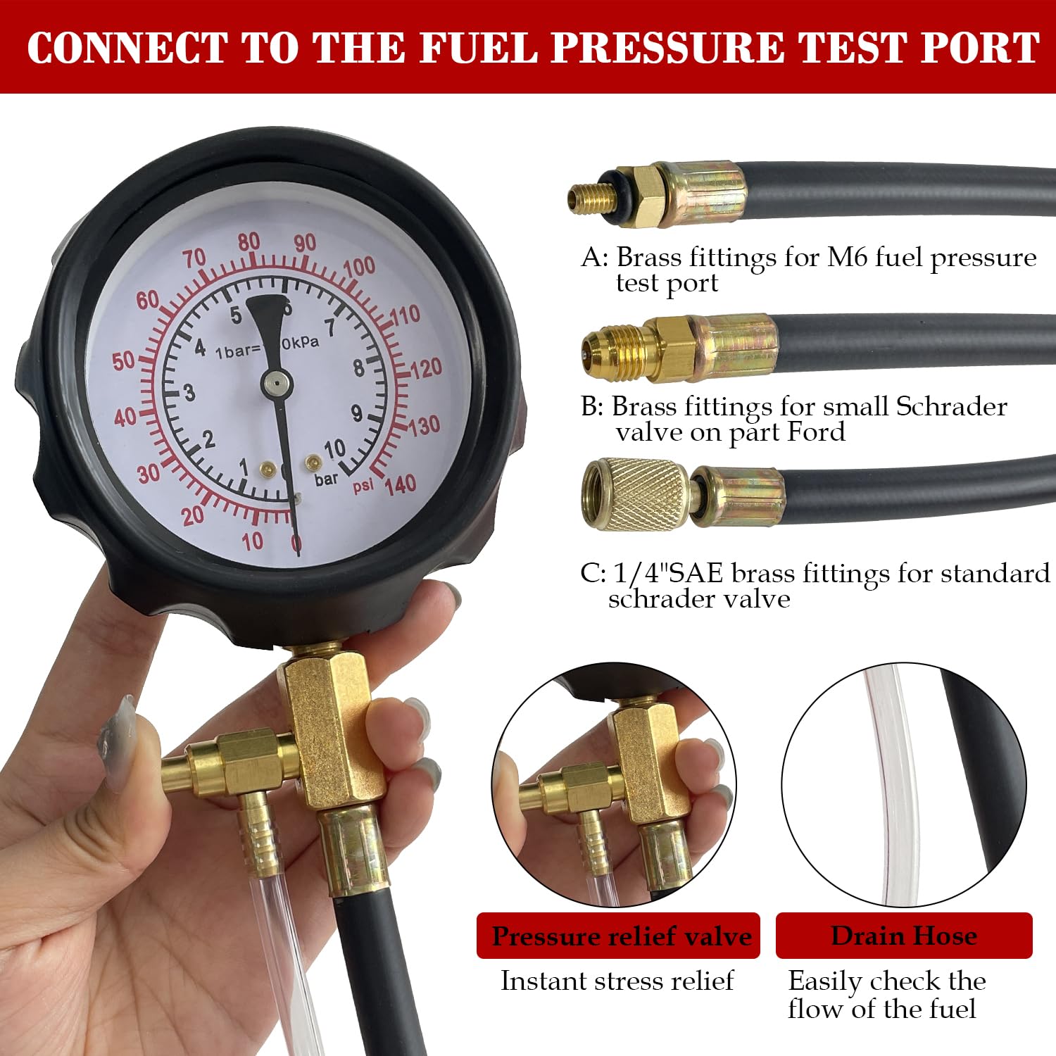 Sutekus Fuel Injection Pump Pressure Test Gauge 0-140PSI Automotive Fuel Oil Injector Tester Tool Kit Car Tools