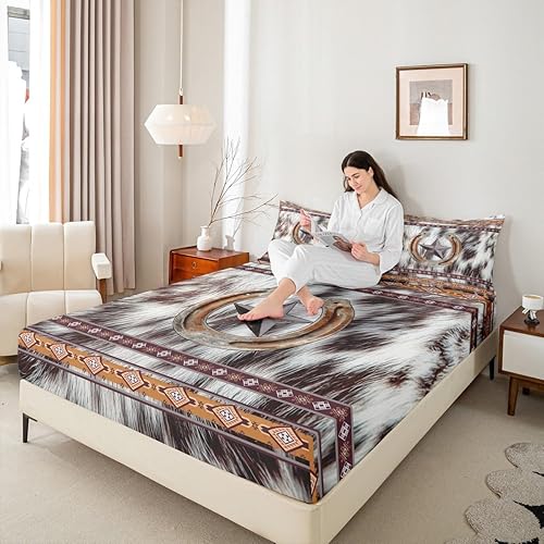 Miniatura 7 de Erosebridal Texas Star - Juego de sábanas de herradura de tamaño King, diseño azteca del suroeste, de piel de vaca occidental, decoración rústica de