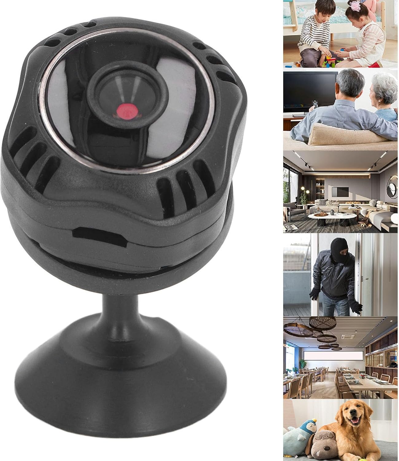 LUCKDANO Mini Security Camera on magnetic base showing various usage scenarios like monitoring children, pets, and home security