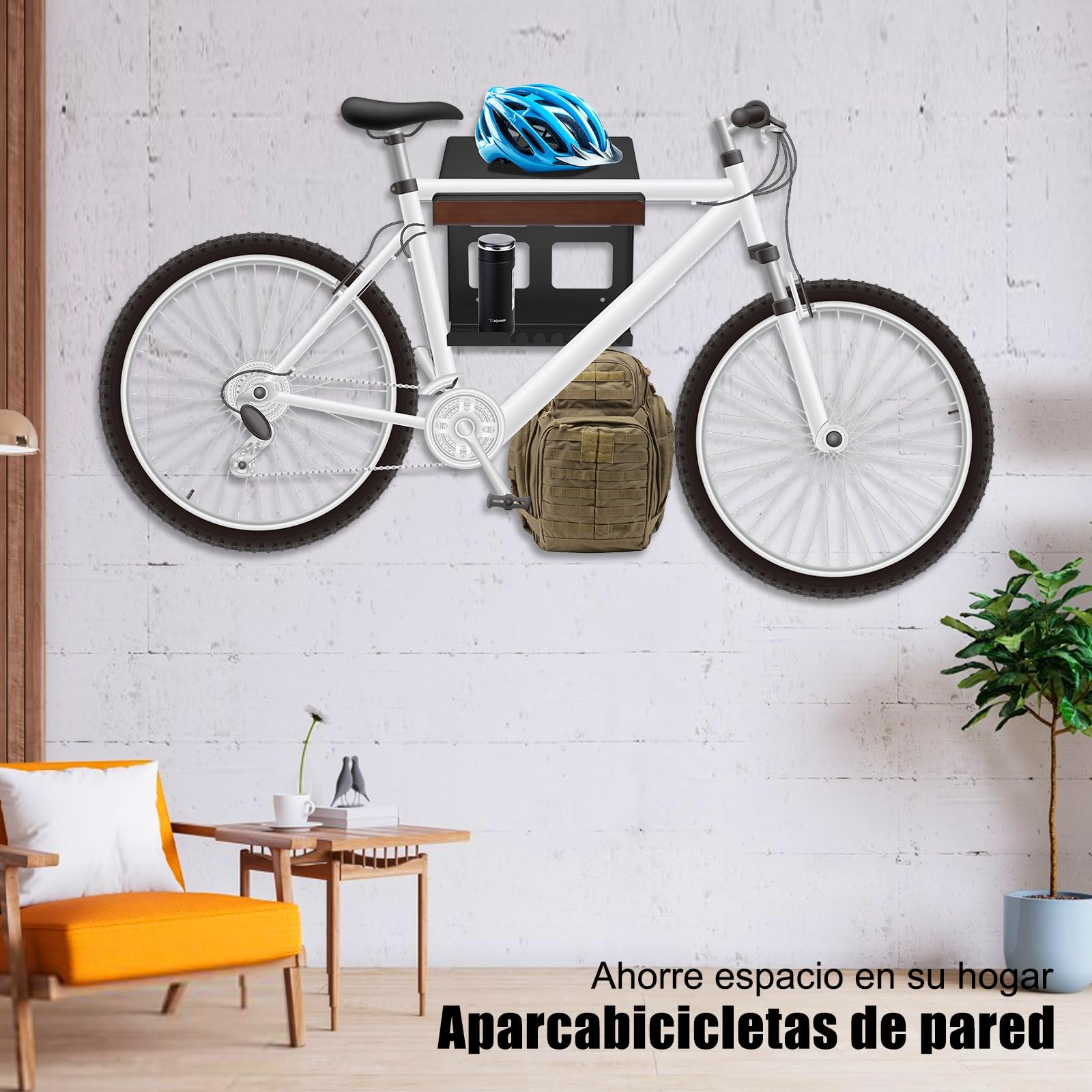 Mimoke Soporte de pared para bicicleta, soporte para garaje e interior, con estante y ganchos, diseño resistente con acolchado protector, ahorro de espacio