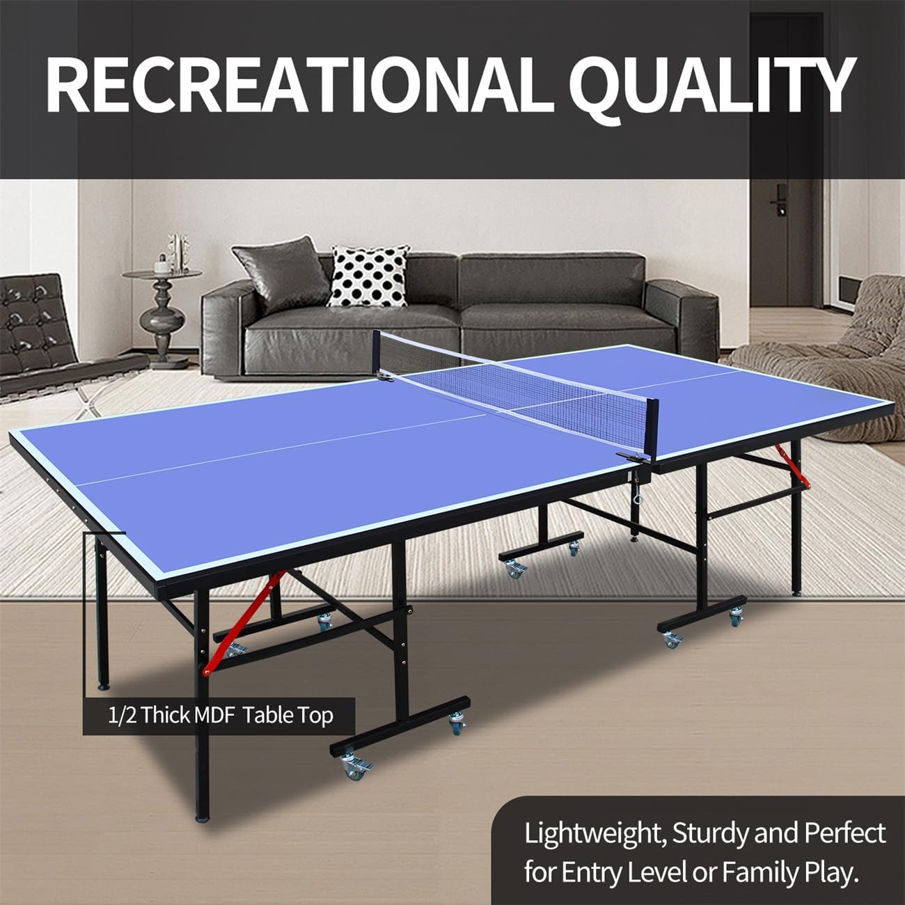8FT Mid-Size Table Tennis Table Foldable & Portable Ping Pong Table Set, 8 Pulleys, for Indoor Games with Net, 2 Table Tennis Paddles and 3 Balls