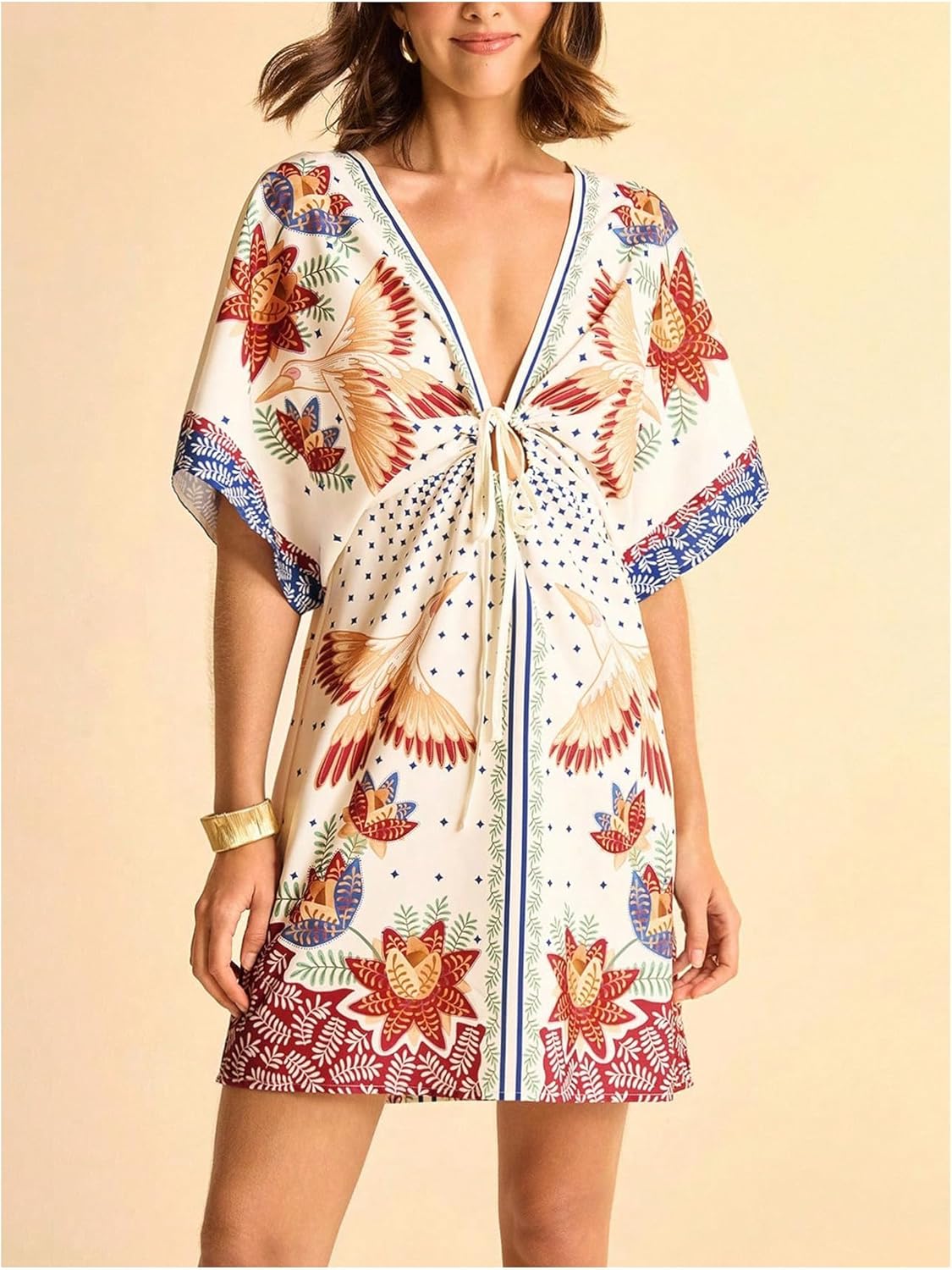 Floerns Women's Tropical V Neck Mini Dress Tie Front Dolman Sleeve Beach Vacation Dresses - Image 5