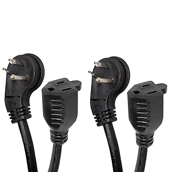 2 Pack of 10 Ft Extension Cords with 45 degree Angled Flat Plug - 16/3 SJT Low Profile Durable Black Indoor Cable