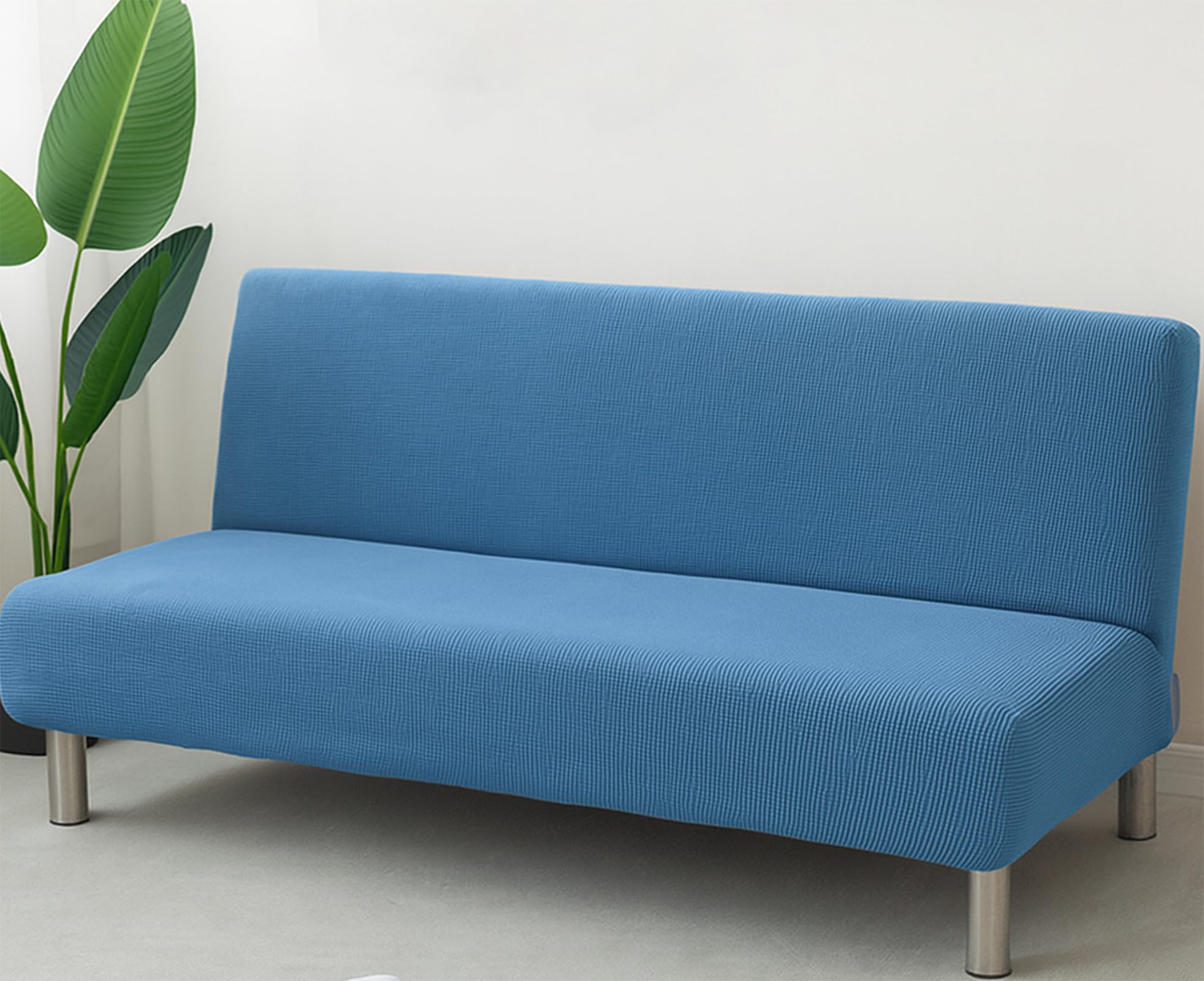 Armless Sofa Bed Cover – Stretch Slipcover for Folding Sofa without Armrests, Washable Protector for 2/3 Seater, Ideal for Homes with Pets or Kids, 14 Colour Options (Denim Blue, 120–155cm)