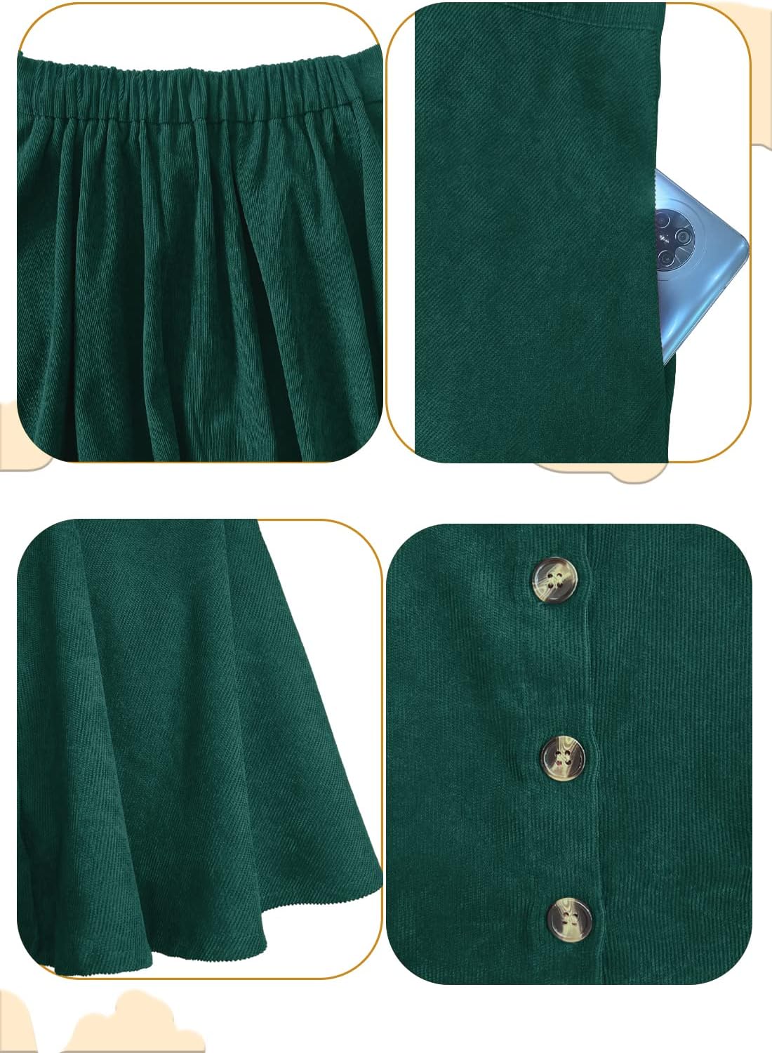 Women’s Button Front Mini Skirt A-line Pleated Corduroy Skater Skirts for Women with Pocket - Image 5