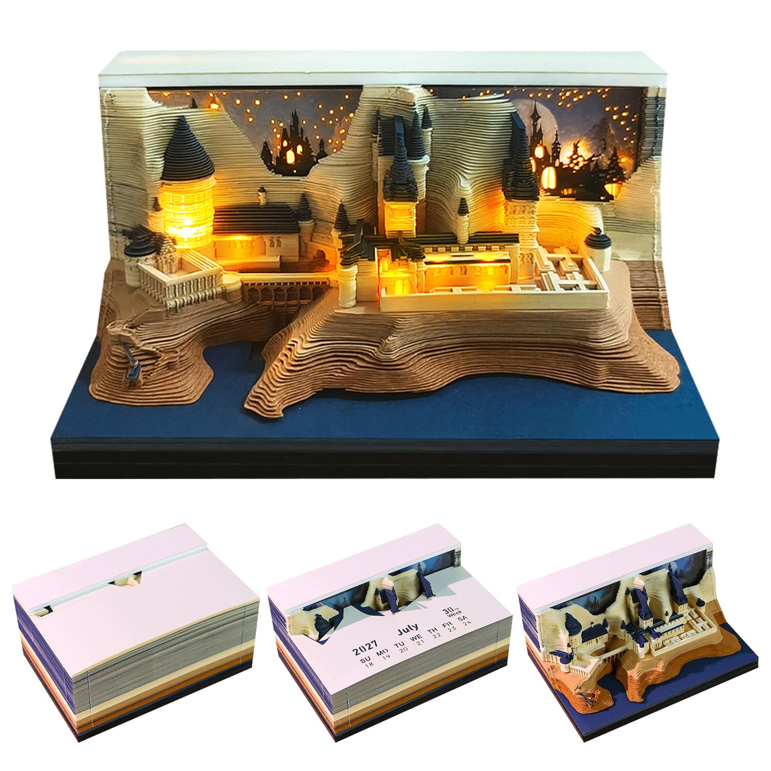 Time Piece Calendar, 2027 Desk Calendar with LED Light, Tear-off Paper Carving Art Memo Pad, Unique Gift for Christmas Housewarming Desktop Decoration (D)