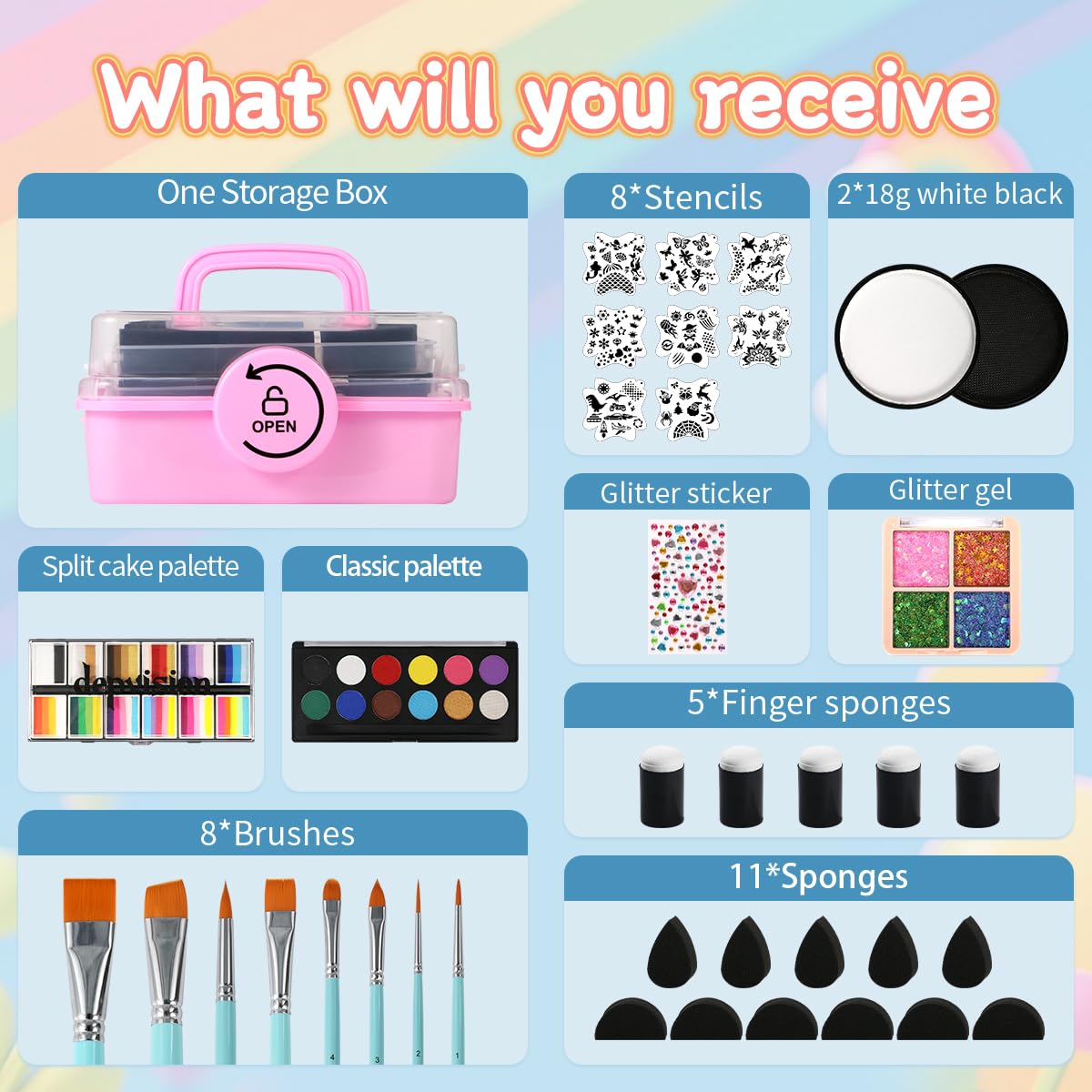 Kit di pittura viso professionale per bambini adulti pittura viso Depvision 68 colori Split Cake Face Paint Kit non tossico lavabile sicuro a base di pennelli stencil Schwam