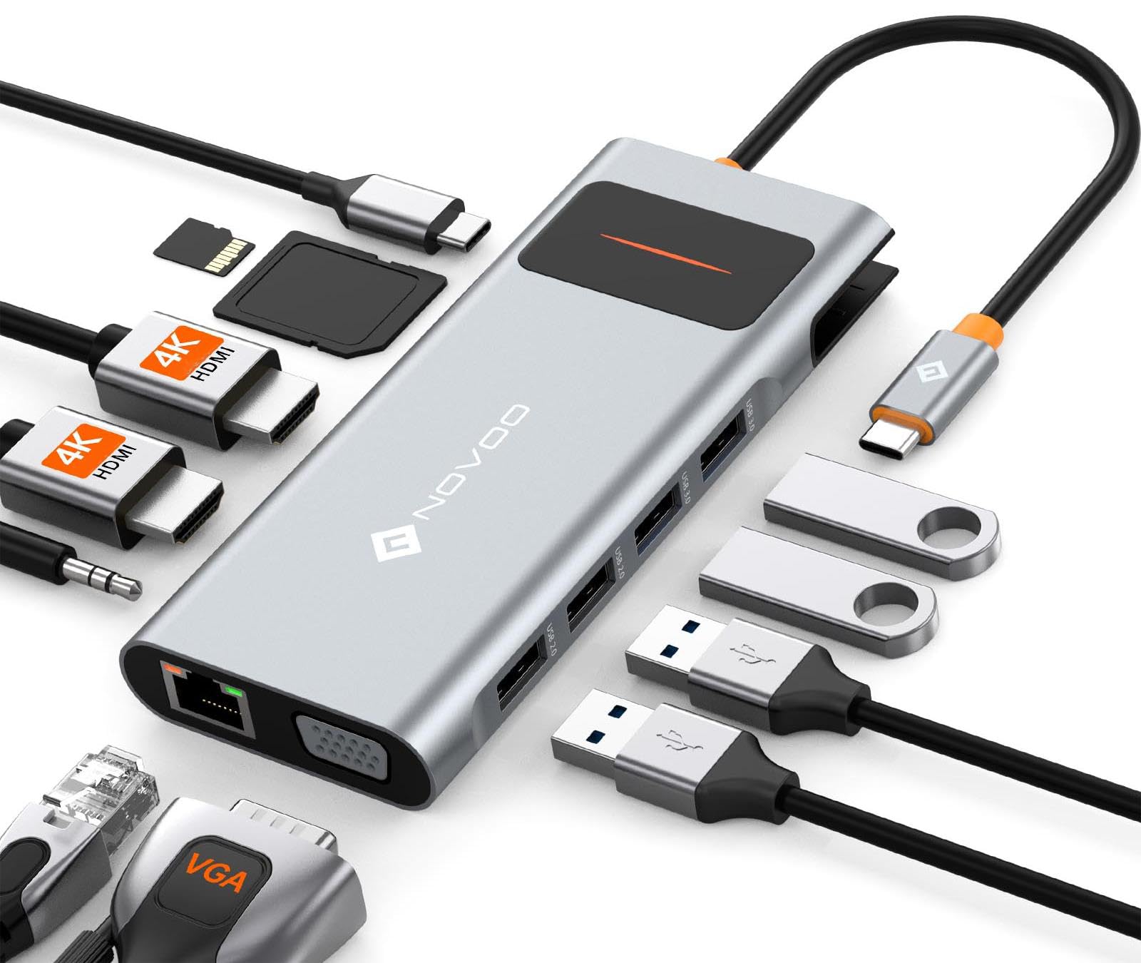 NOVOO Docking Station USB C Hub Multiport 12 en 1, Adaptateur USB C vers Dual HDMI, Type C PD 100W, Lecteur de Carte SD/TF 3.5mm AUX Jack et 3 USB 3.0 Stations d'accueil pour Macbook Pro Air