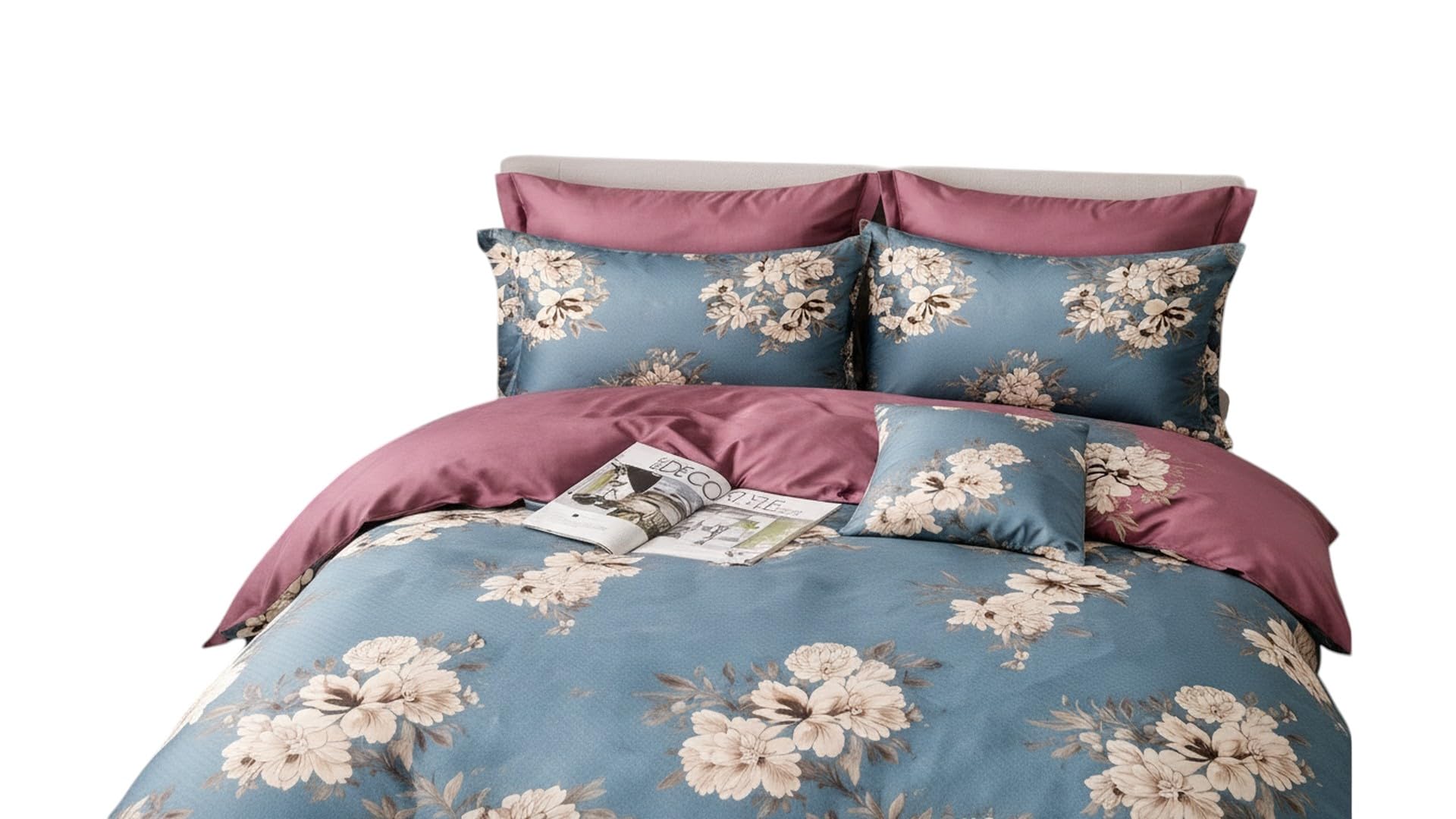 Floral Print Cover Bedding Set, Blue and Mauve | Reversible Design, Includes Pillowcases, Bedroom Decor, Soft Fabric, Two-Tone Colour-image-18