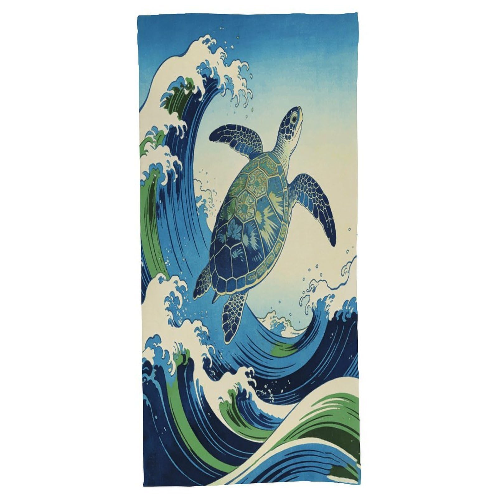 Fodpand Style Japanese Waves And Turtles Bath Towel, Highly Absorbent & Quick Drying Beach Towel, Compact & Lightweight Pool Towel For Bathroom, Beach, Pool, Gym, Spa, And Hotel Use