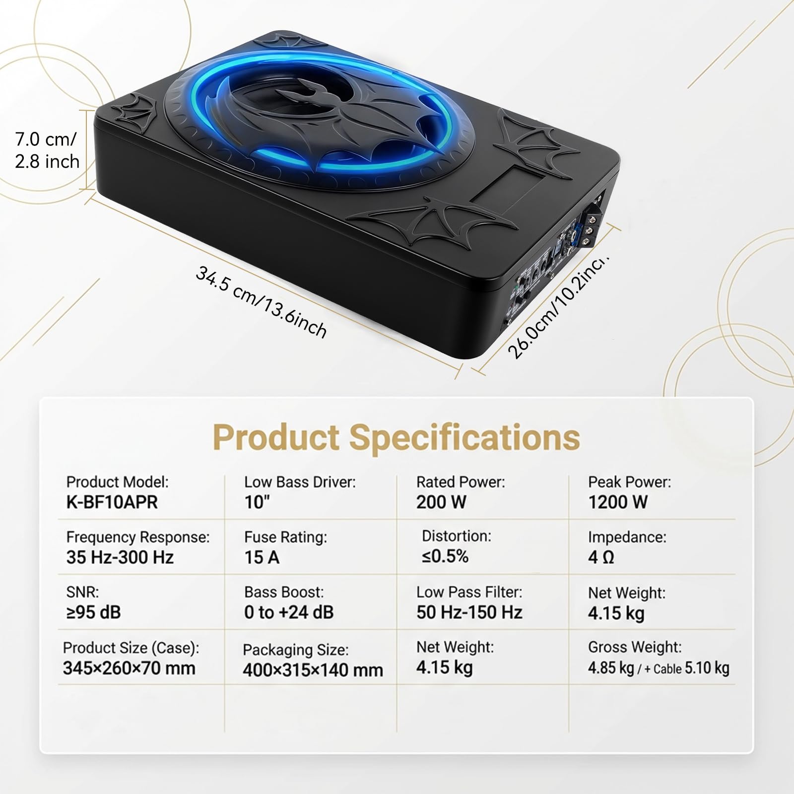 SIXWIN Subwoofer 1200W, 10 Pollici Subwoofer Sottosedile Piatto per Auto con Amplificatore Integrato, Sistema Audio per Auto, Controllo Personalizzato dell’Enfasi dei Bassi, Bassi Profondi