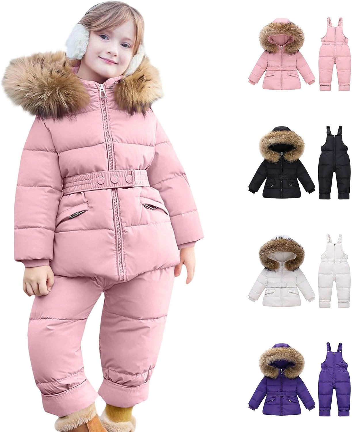 Toddler Baby Boys Girls Ski Jacket and Snowbib Snowsuit Set Hooded Down Coat & Bib Overall Snow Pants 2 Piece Winter Ski Suit