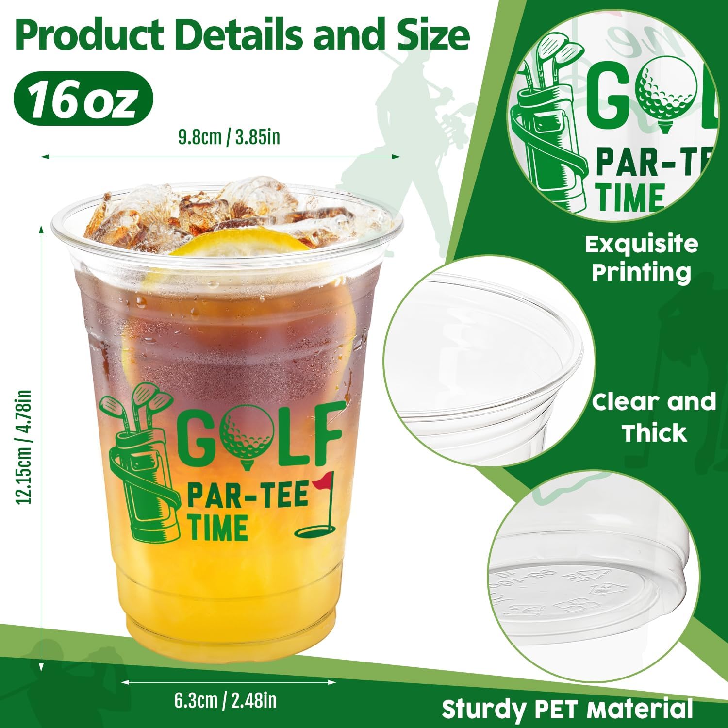 120 16 Oz Golf Disposable Plastic Cup Transparent Green Lightweight Classic Round for Home Golf Themed Holiday Birthday Bachelor Party Tournament Country Club Event Favor Supply Decoration