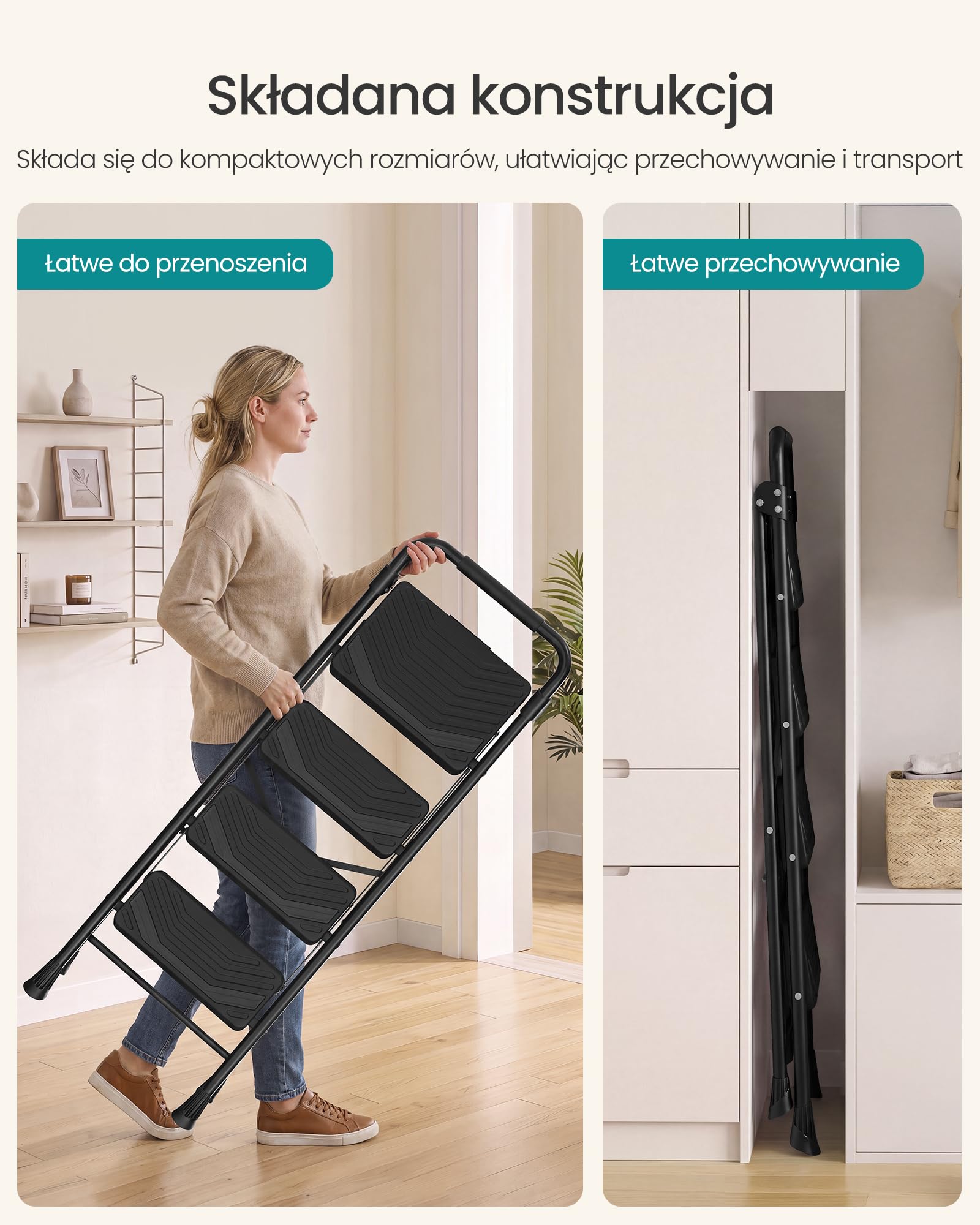 SONGMICS drabina 4-stopniowa, składana, stalowa, z poręczą