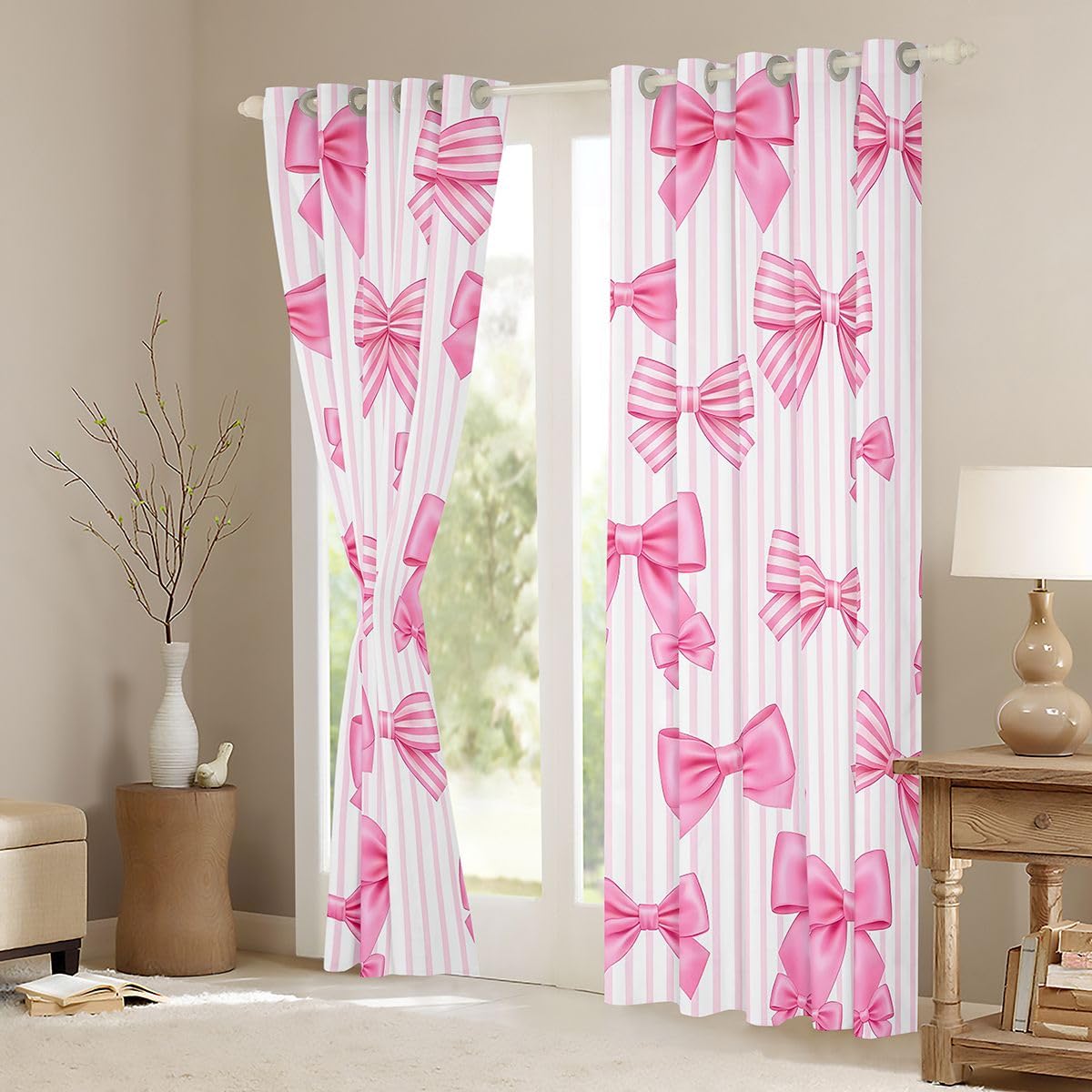 Homemissing Cortinas opacas de satén con lazo de princesa para dormitorio, sala de estar, lazo rosa, cortinas opacas Kawaii Coquette para oscurecer la habitación, 2 paneles de 66 pulgadas de ancho x