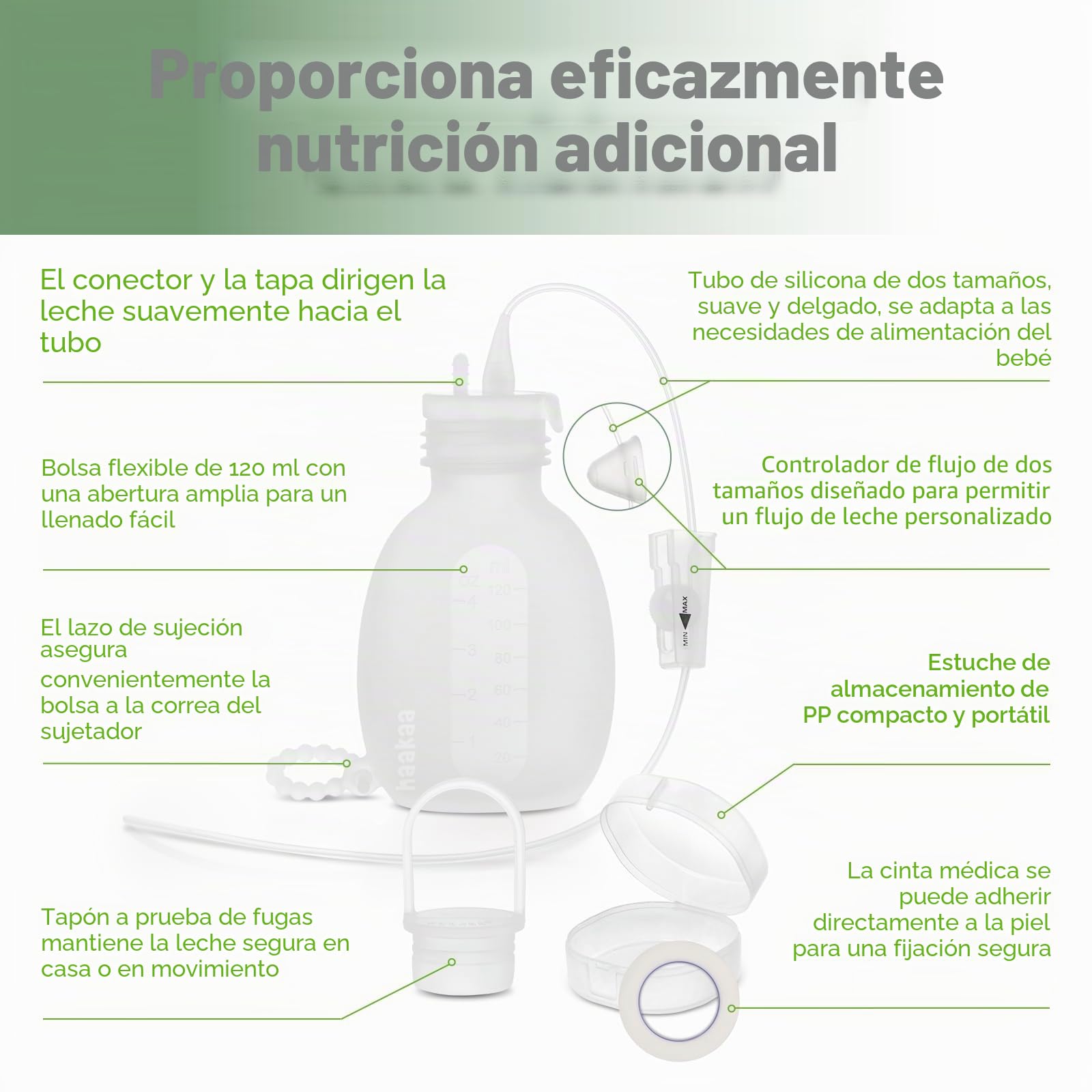 haakaa Sistema de lactancia suplementario para bebés para lactancia, juego de tubo de alimentación de silicona y bolsa, suplemento para el pecho con control de flujo de doble tubo, silicona de grado