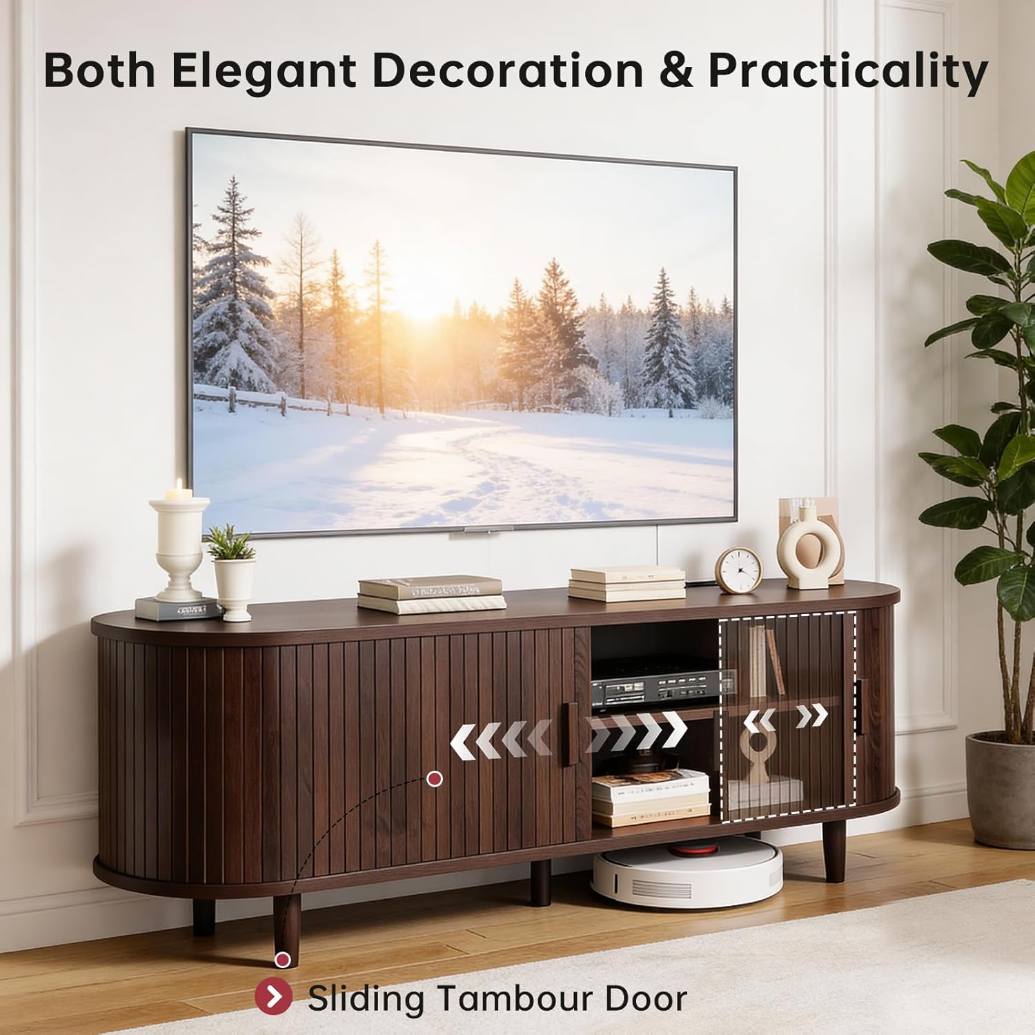 58" Mid Century Modern TV Stand, Wood TV Consoles with Sliding Doors and Power Outlet, Entertainment Center with Adjustable Shelves, Fluted TV Stands for Living Room, Walnut