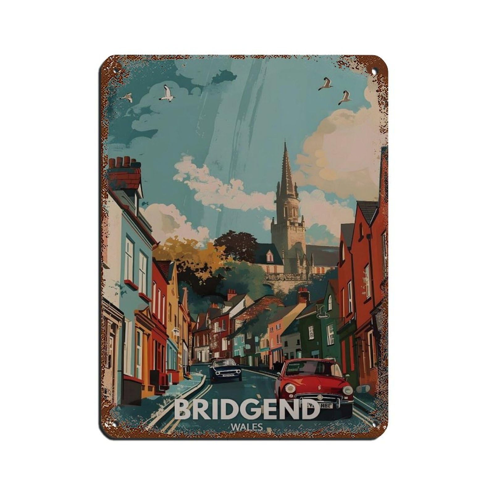 Lxwnze 30L X 40W Cm Bridgend Poster, Wales City Art Retro Poster Metal Tin Sign Chic Art Retro Iron Painting Bar People Cave Cafe Family Garage Poster Wall Decoration 12X16inch(30X40cm)
