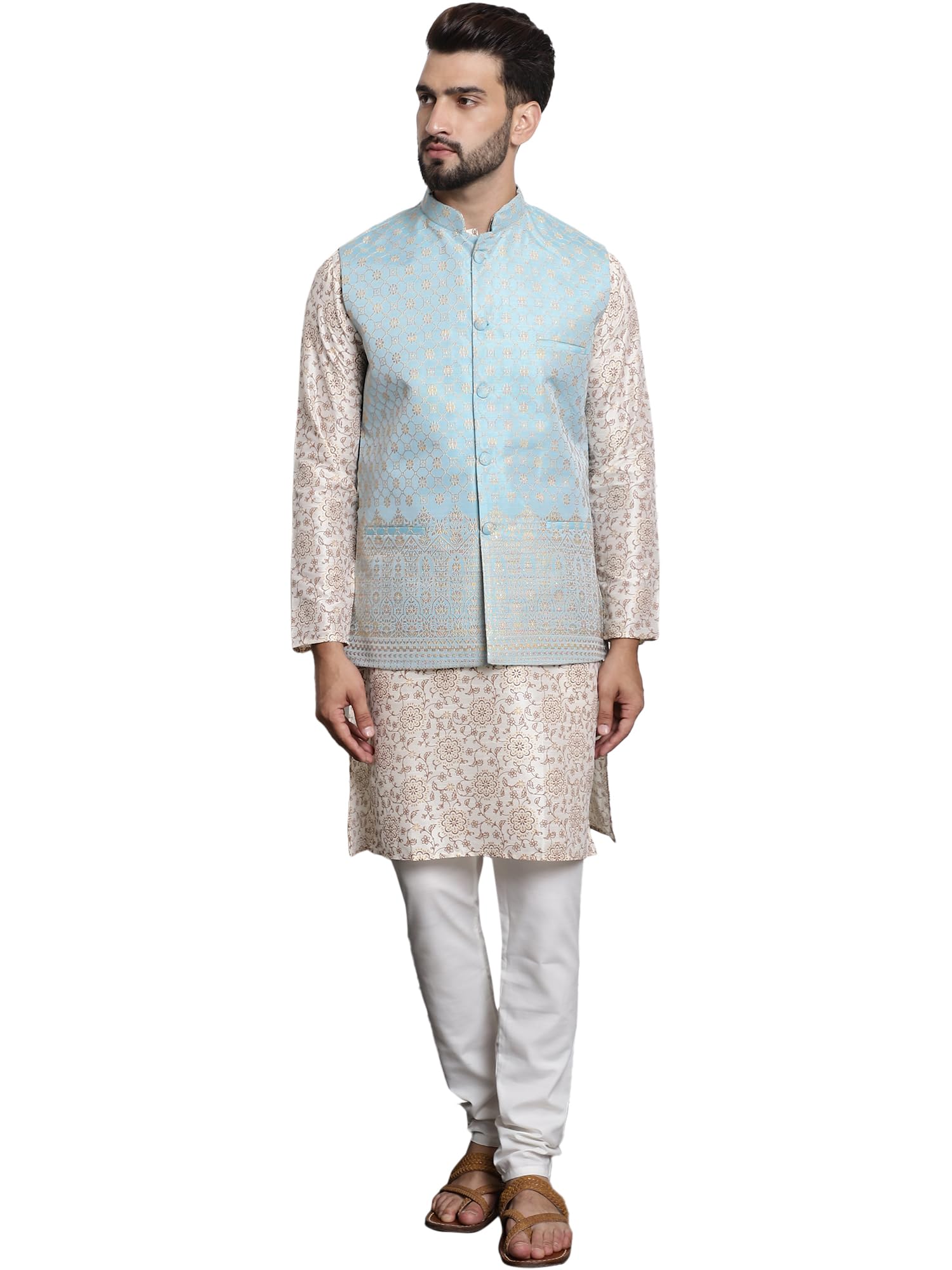 SOJANYA (Since 1958 Men's Silk Blend Print Cream Kurta and Off-White pyjama With Blue Nehrujacket