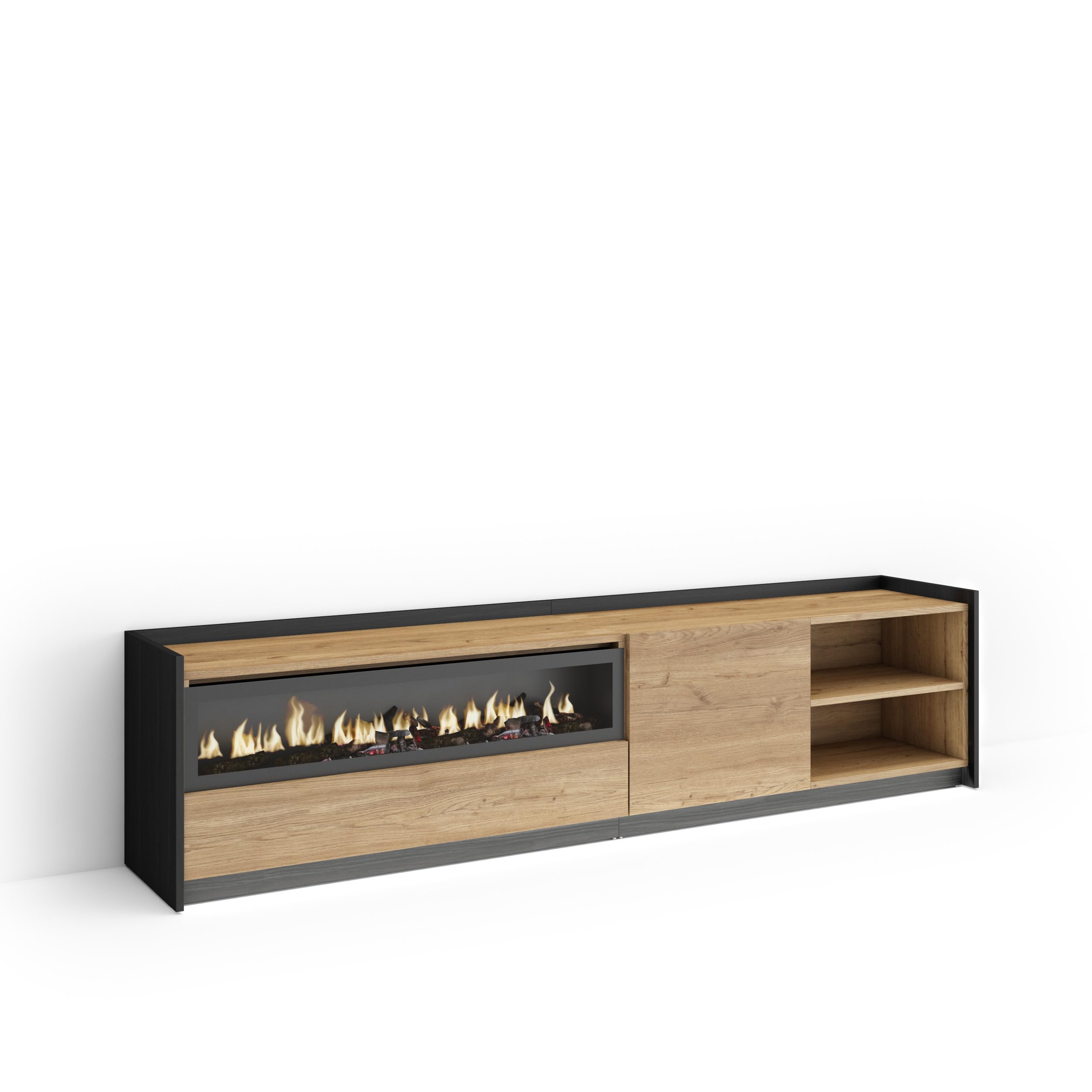 Skraut Home | Meuble TV | Banc Télé | Grand Espace de Rangement | 207x50x37 cm | pour écrans jusqu'à 80" | Cheminée électrique | LED | Style Moderne | Chêne et Noir
