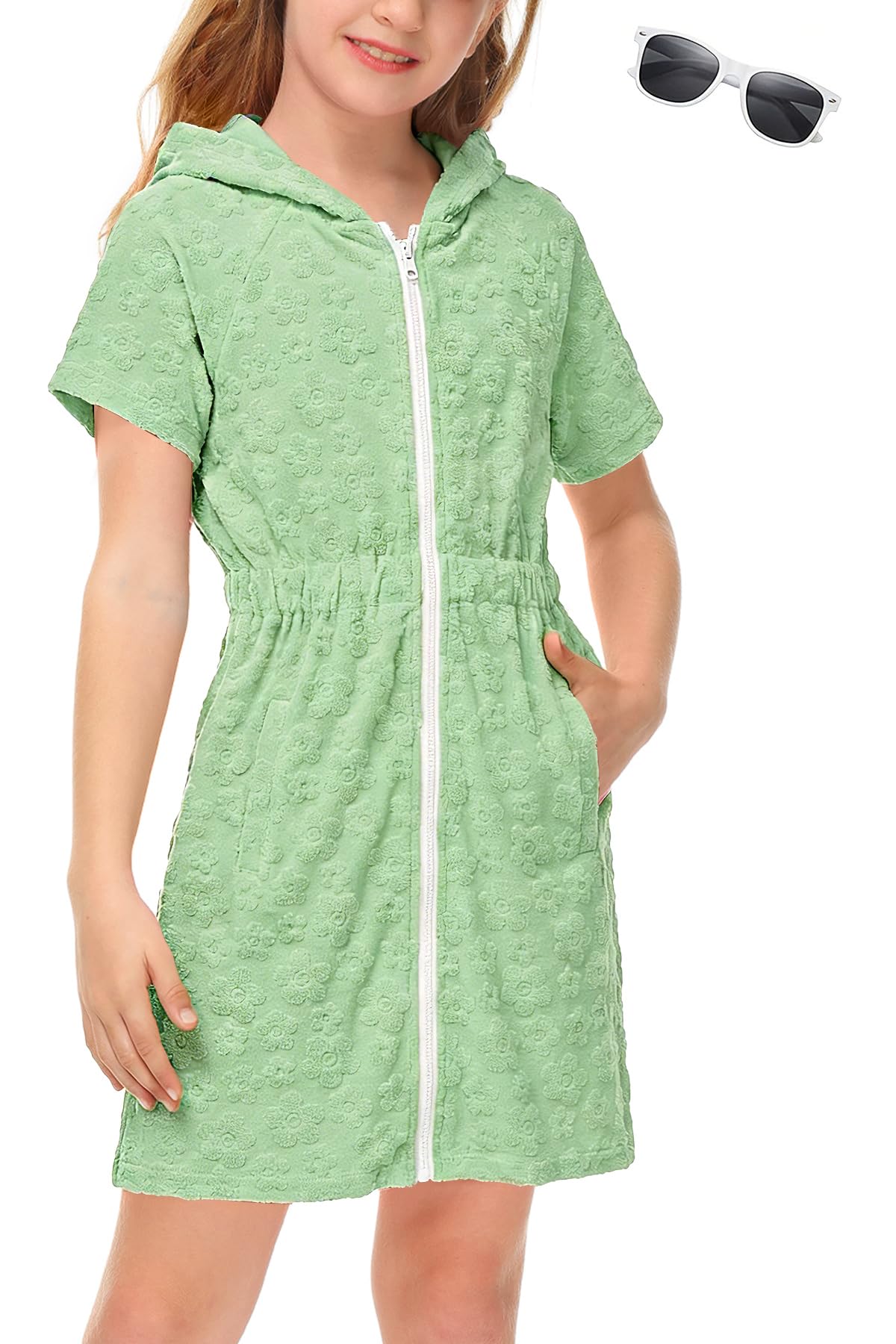 BesserBay Girls Swim Cover Up Beach Bathing Suit Coverups for Swimwear Zip-Up Terry Cloth Robes with Sunglasses 6-14 Years