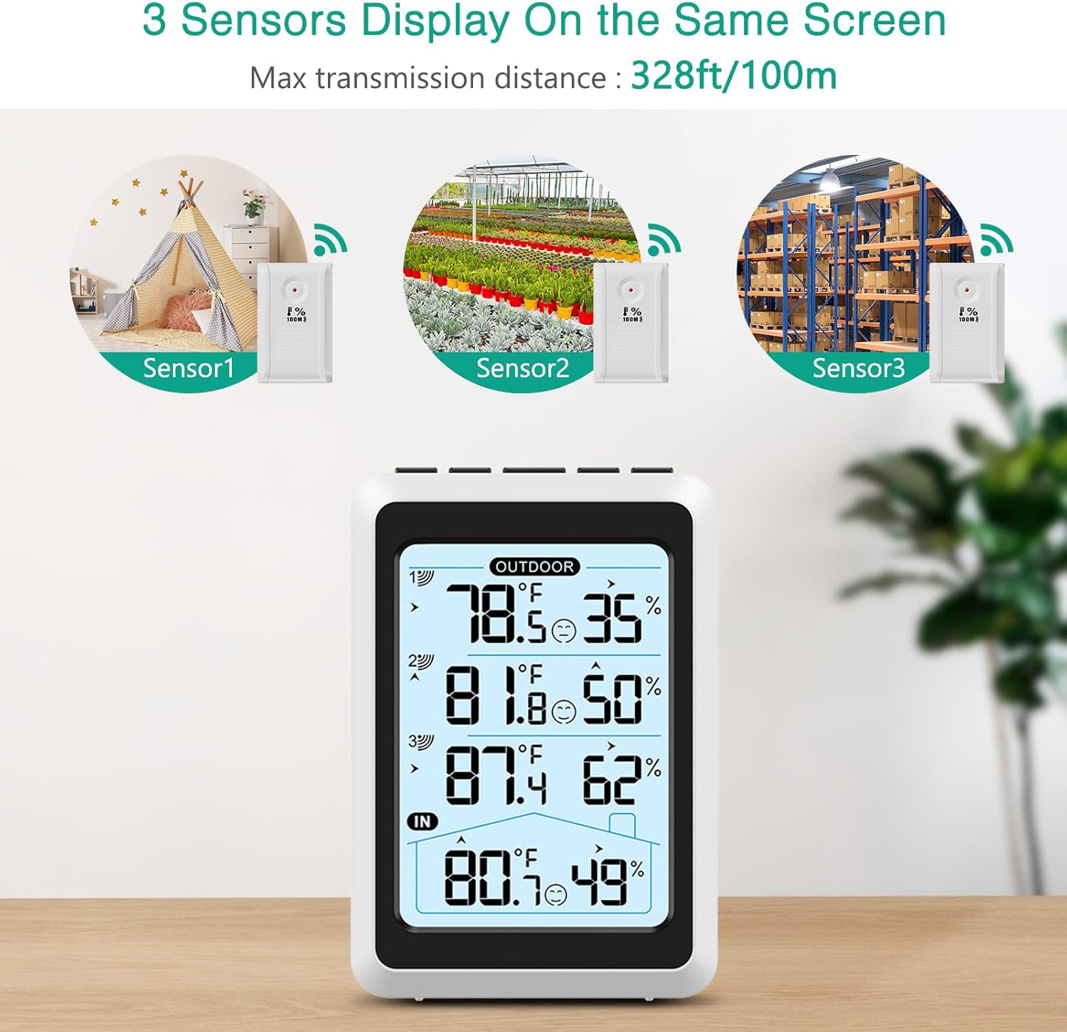 ORIA 3 Sensor Wireless Indoor Outdoor Thermometer Hygrometer, Digital Temperature Humidity Monitor with Backlit Display, Min/Max Records, Celsius/Fahrenheit Switch for Home, Garden, Greenhouse