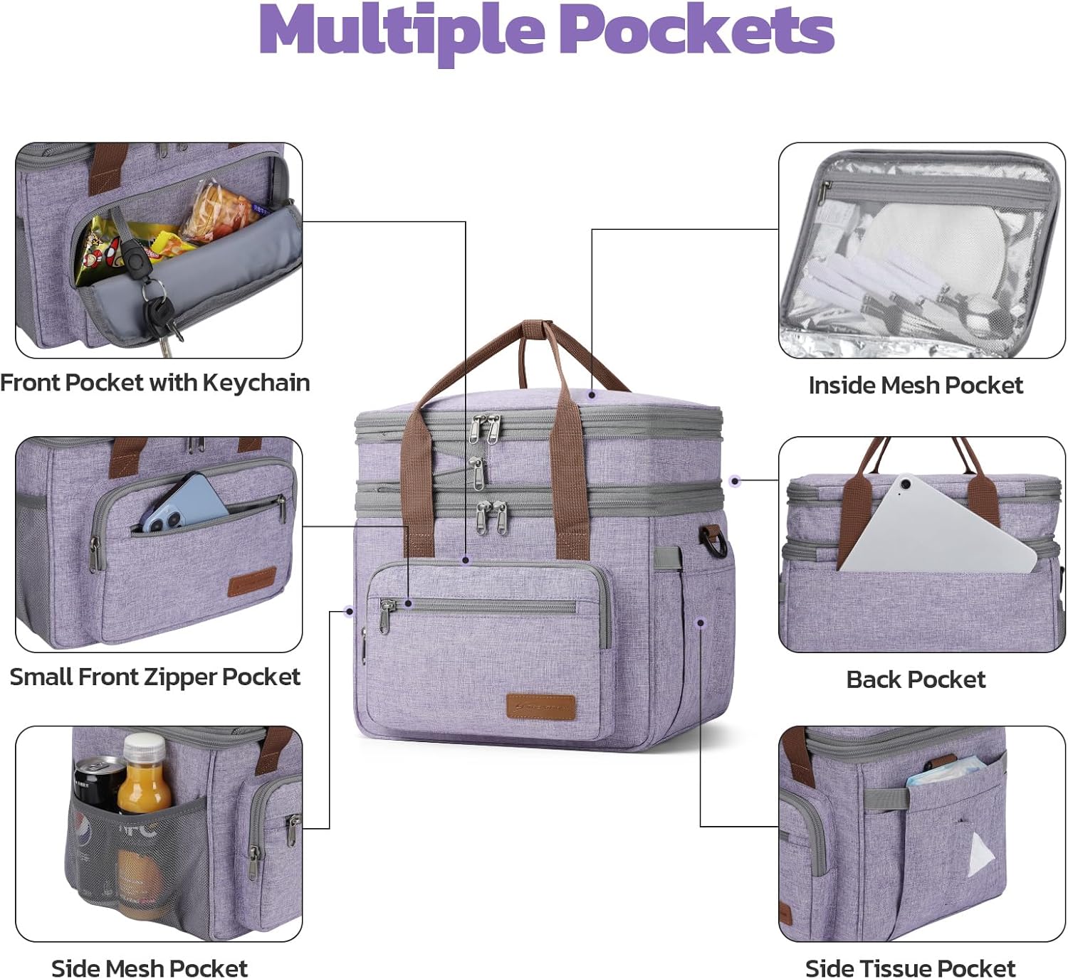 Maelstrom Lunch Bag Women,23L Insulated Lunch Box For Men Women,Expandable Double Deck Cooler Bag With Side Tissue Pocket,Lavender - Image 3