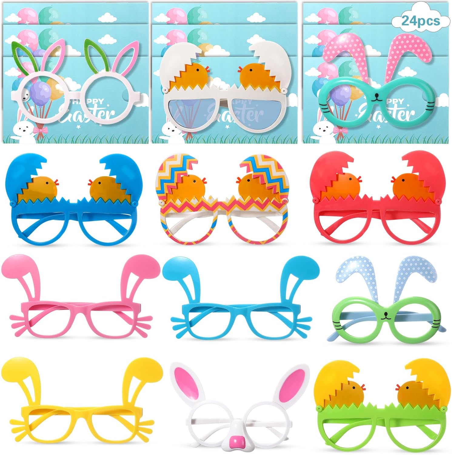 Zonon 24 Pcs Easter Sunglasses Egg Bunny with Cards Easter Gift Bulk for Kids Boy Girl Classroom Exchange Party Favor Gift