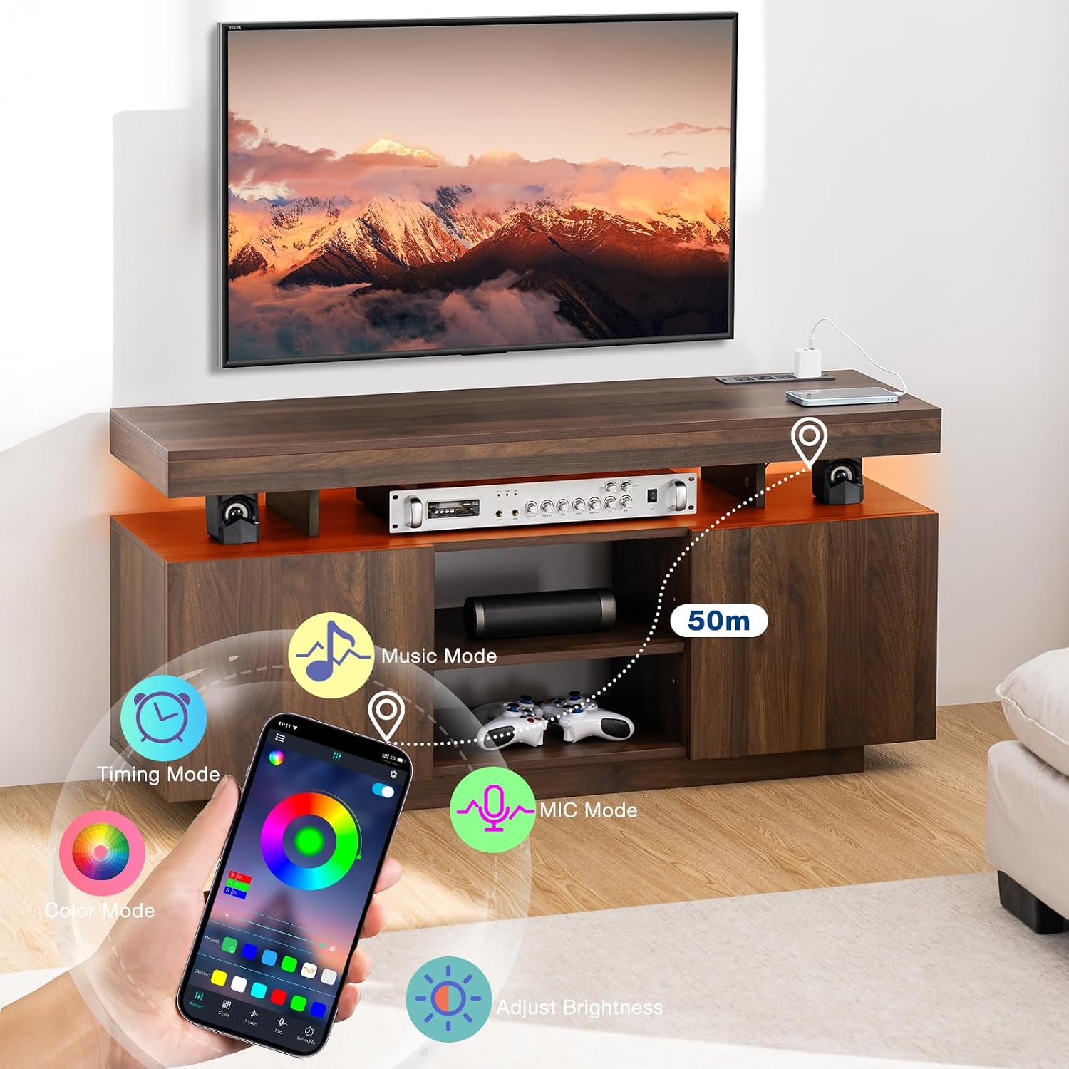HOMMPA Modern LED TV Stand for 55 Inch TV, White Tall TV Console with Power Outlet, Entertainment Center with Storage, High Gloss Gaming Media Console Cabinet for Living Room (47 Inch)