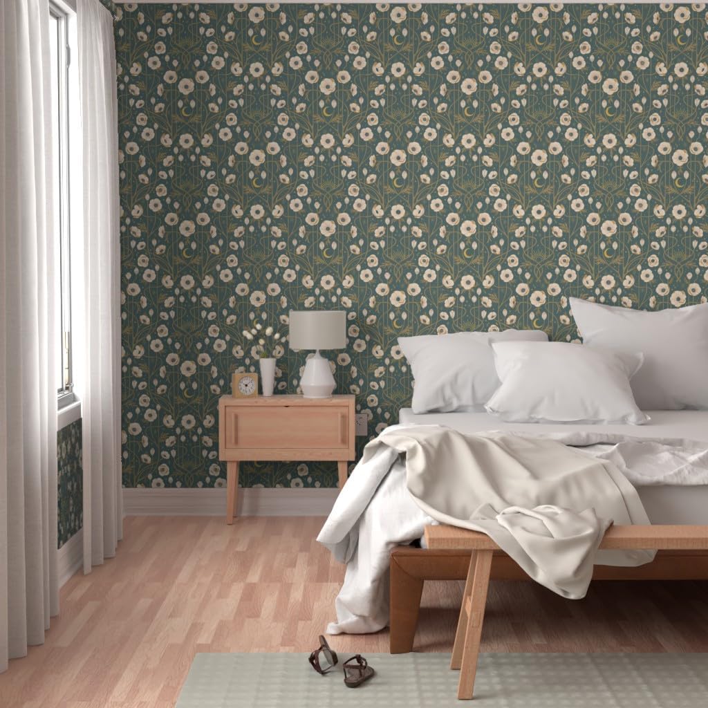 Removable Wallpaper Swatch - Art Nouveau Boho Floral Deco Flowers Celestial Night Anemone Moon Custom Pre-Pasted Wallpaper by Spoonflower