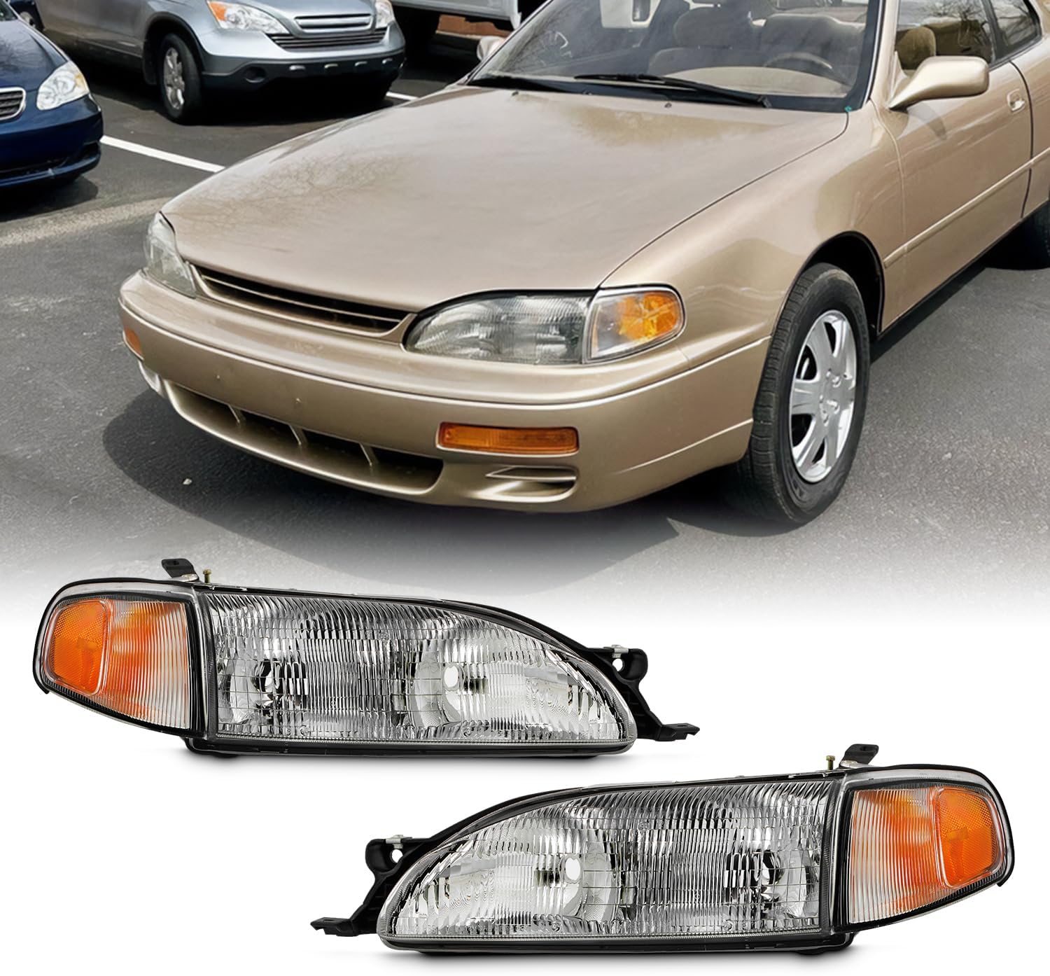 AKKON - Fits 1995-1996 Toyota Camry Chrome Headlights w/Corner Lamp Pair Driver+Passenger Replacement 95 96