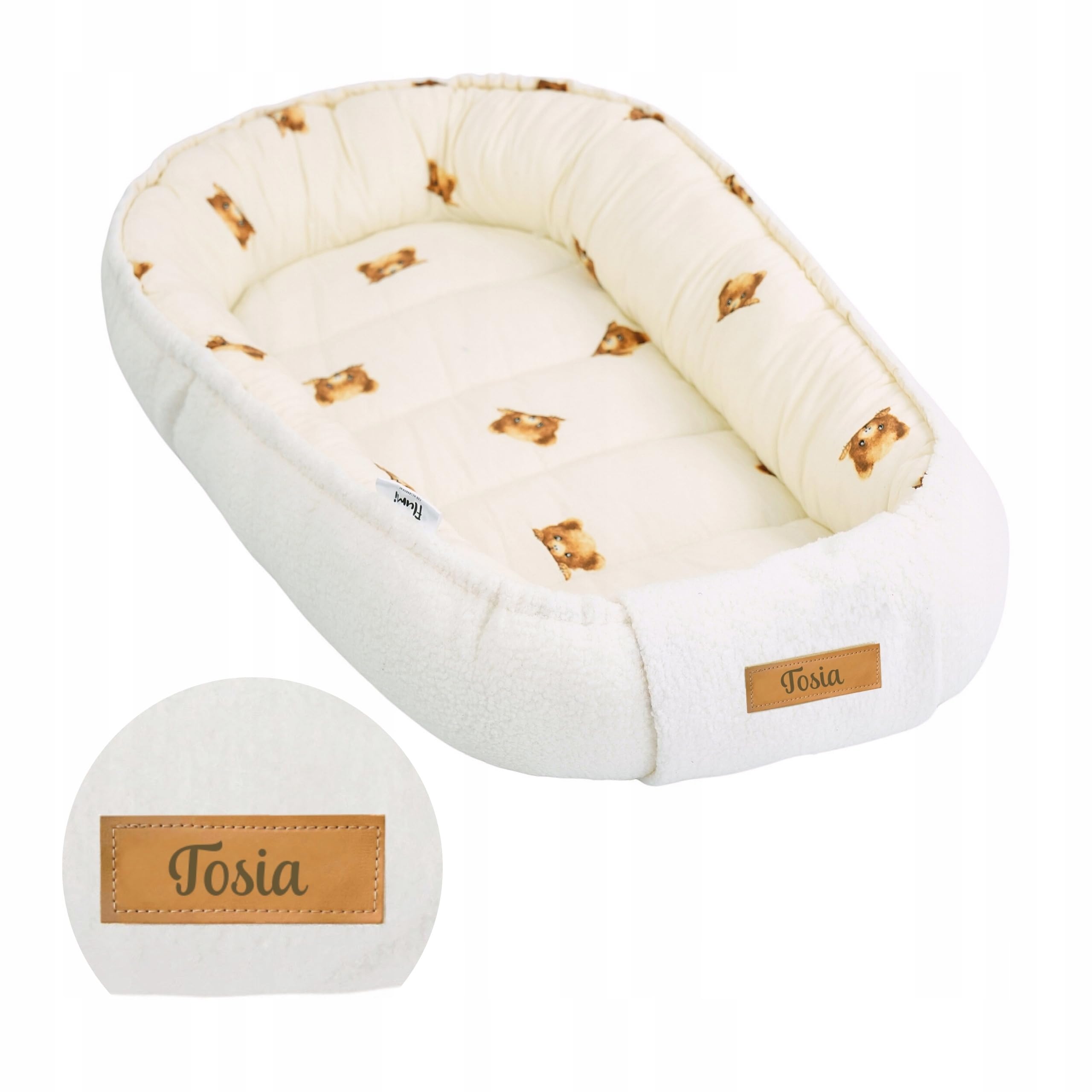 Baby Nest Pod for Newborn, Reversible Baby Lounger 0–12 Months, Cotton & Velvet Infant Nest, Baby Essentials, Personalised Baby Gift (Cream + Teddies)