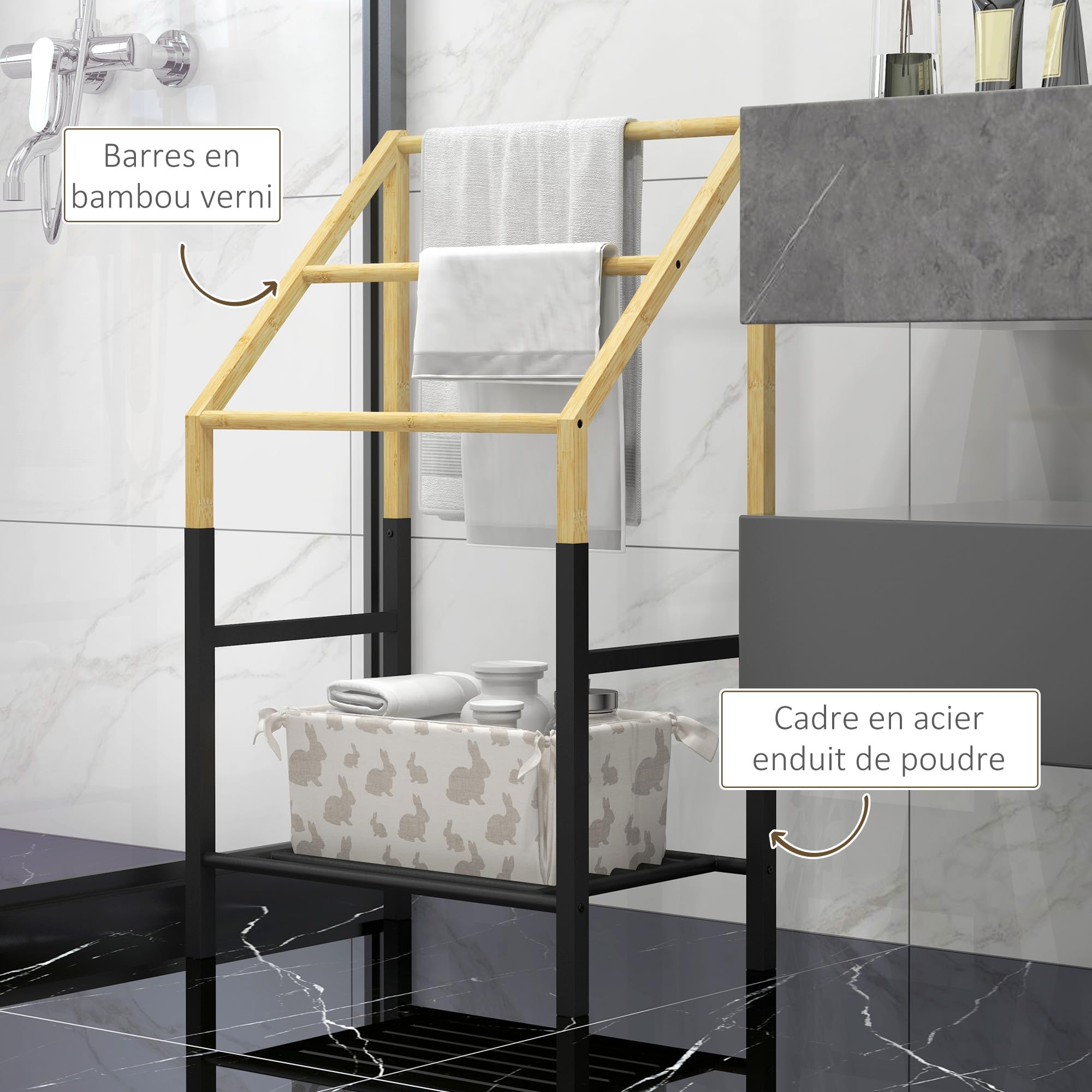 Meuble Maison Porte-serviettes En Bambou 3 Barres Avec étagère De Rangement Pour Salle De Bains Et Buanderie Finition Naturel Porte Serviette Bambou