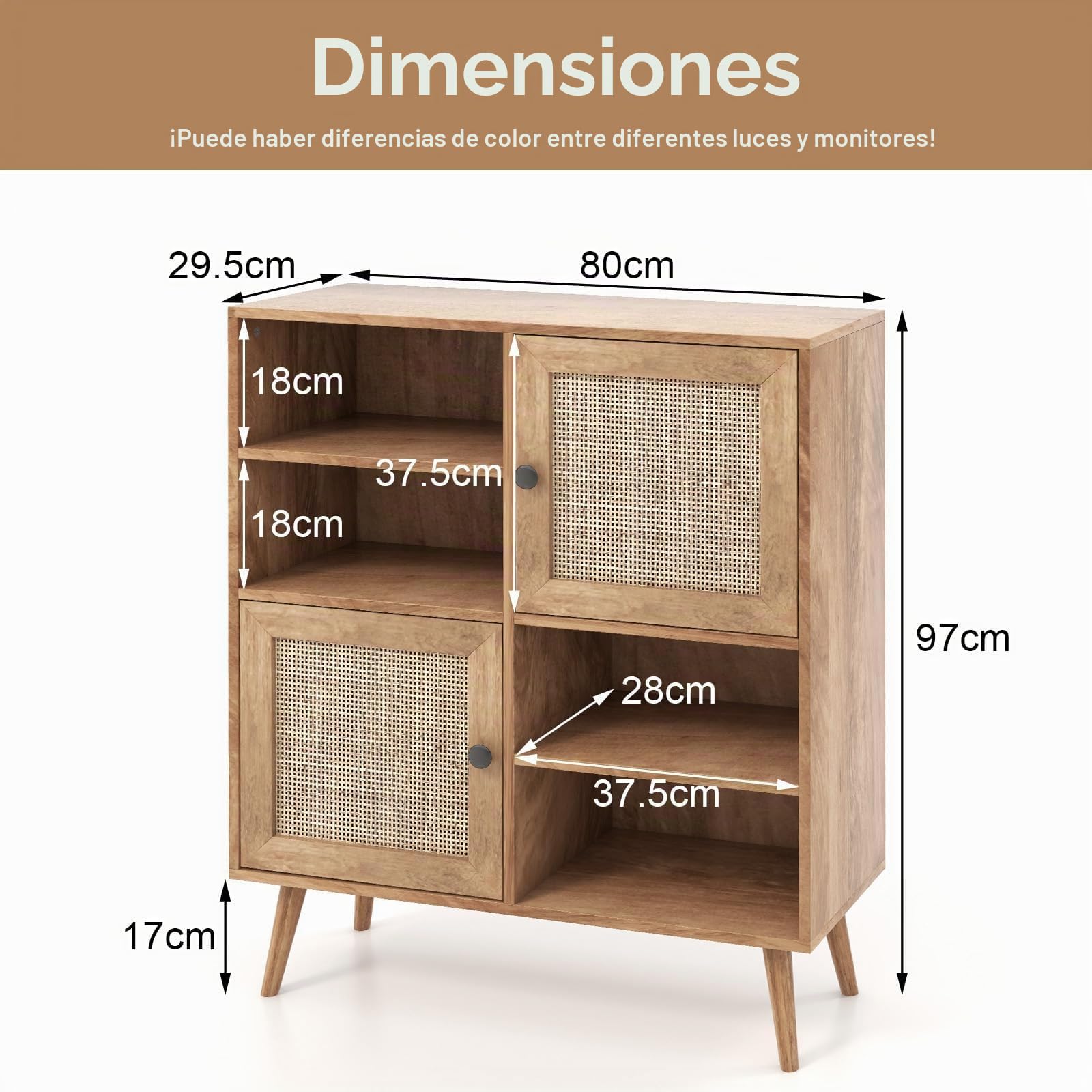 KOMFOTTEU Aparador de Cocina con Puertas de Ratán y 4 Estantes Abiertos | Armario Auxiliar de Madera, Mueble Buffet con Almacenamiento para Comedor y Salón, 80 x 29,5 x 97 cm