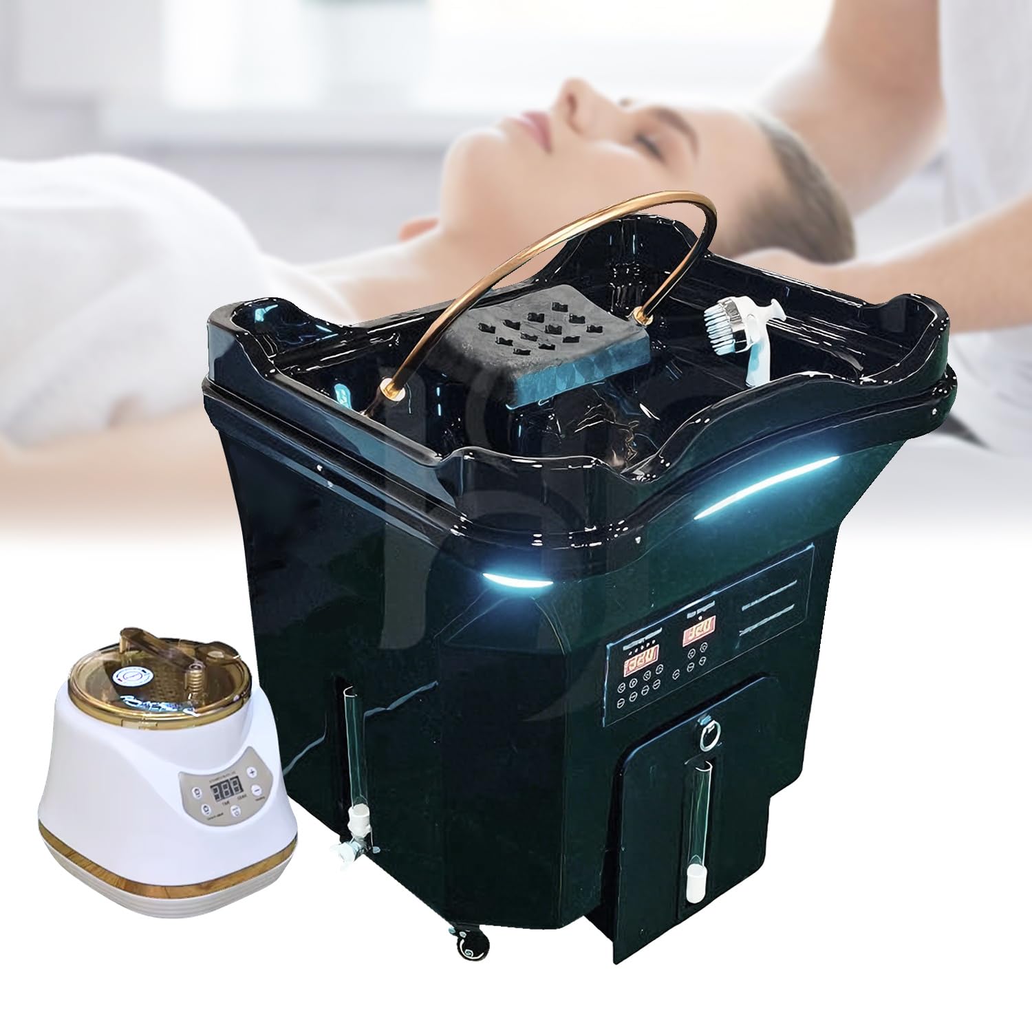 Dispositivo móvil Head Spa Lavabo con depósito de agua de 60 L + depósito de aguas residuales de 20 L, 4 ruedas con freno de estacionamiento, almohada ajustable, terapia de luz, adecuado para salones